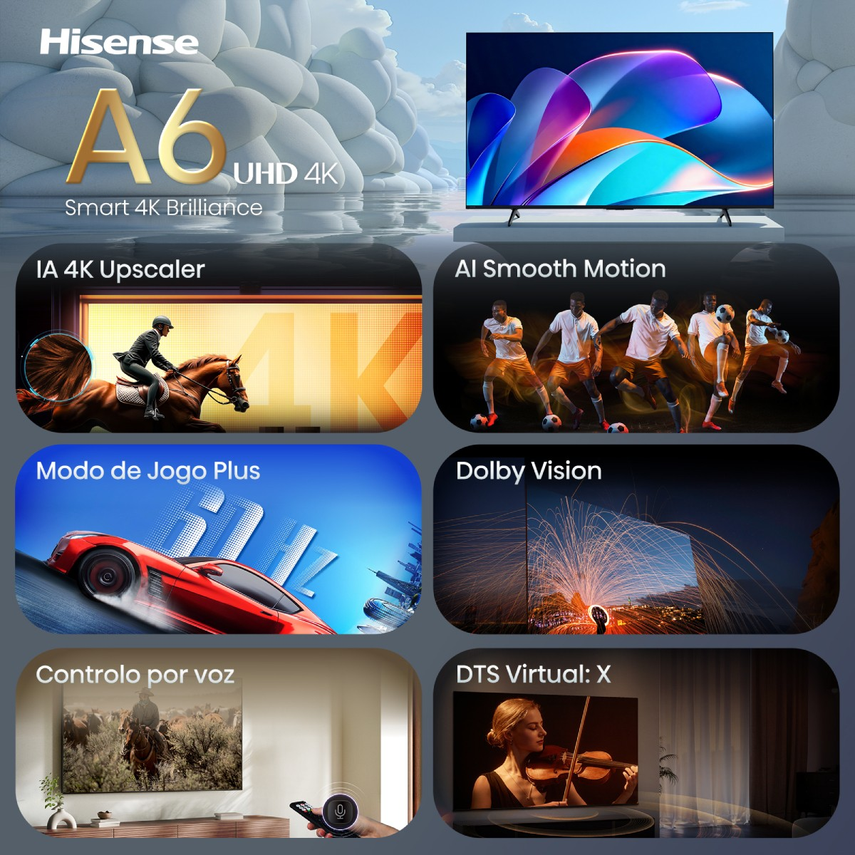 TV Hisense A6: Escalador 4K, Movimiento Suave IA, Juegos, Dolby Vision, Control Voz, DTS:X.