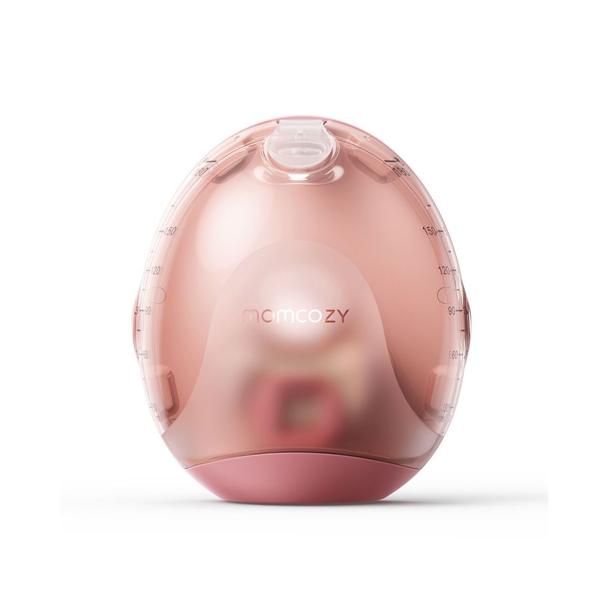 Un colector de leche materna rosa con marcas de medición y logotipo.