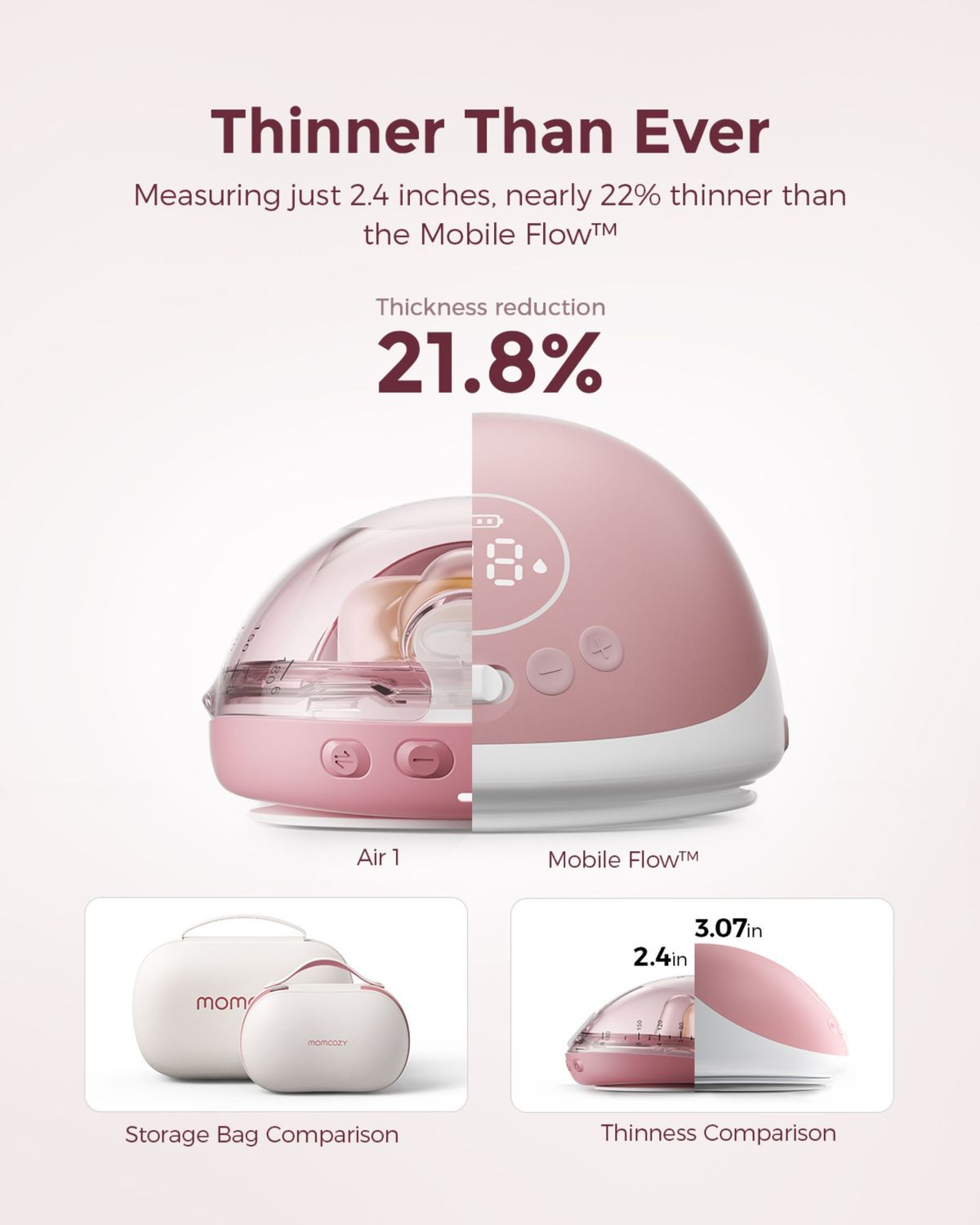 Rosa Milchpumpenvergleich: Air 1 vs Mobile Flow. Dicke 2,4 Zoll vs 3,07 Zoll.