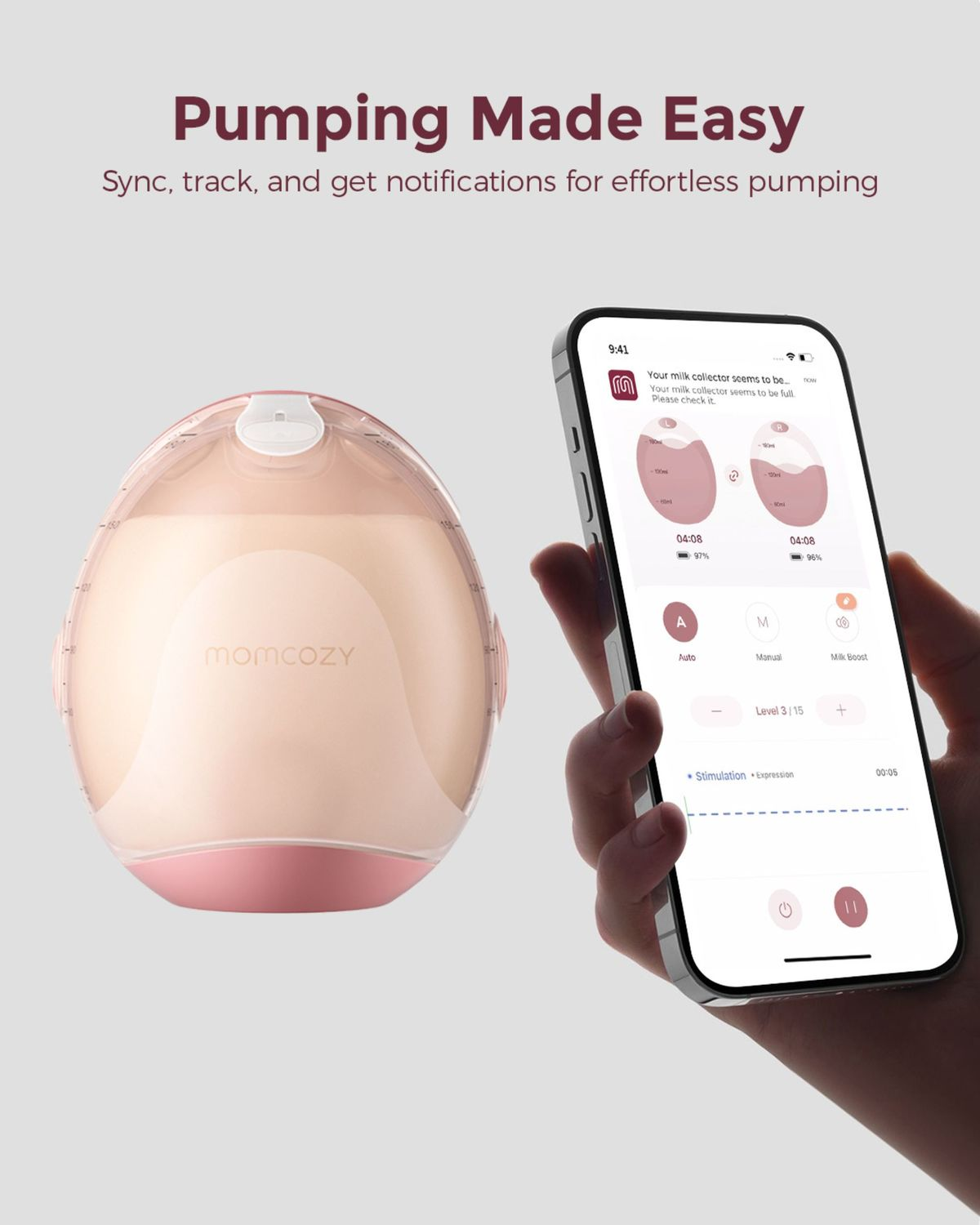 Ein Milchpumpenbehälter und ein Smartphone mit einer App, die den Pumpvorgang anzeigt.