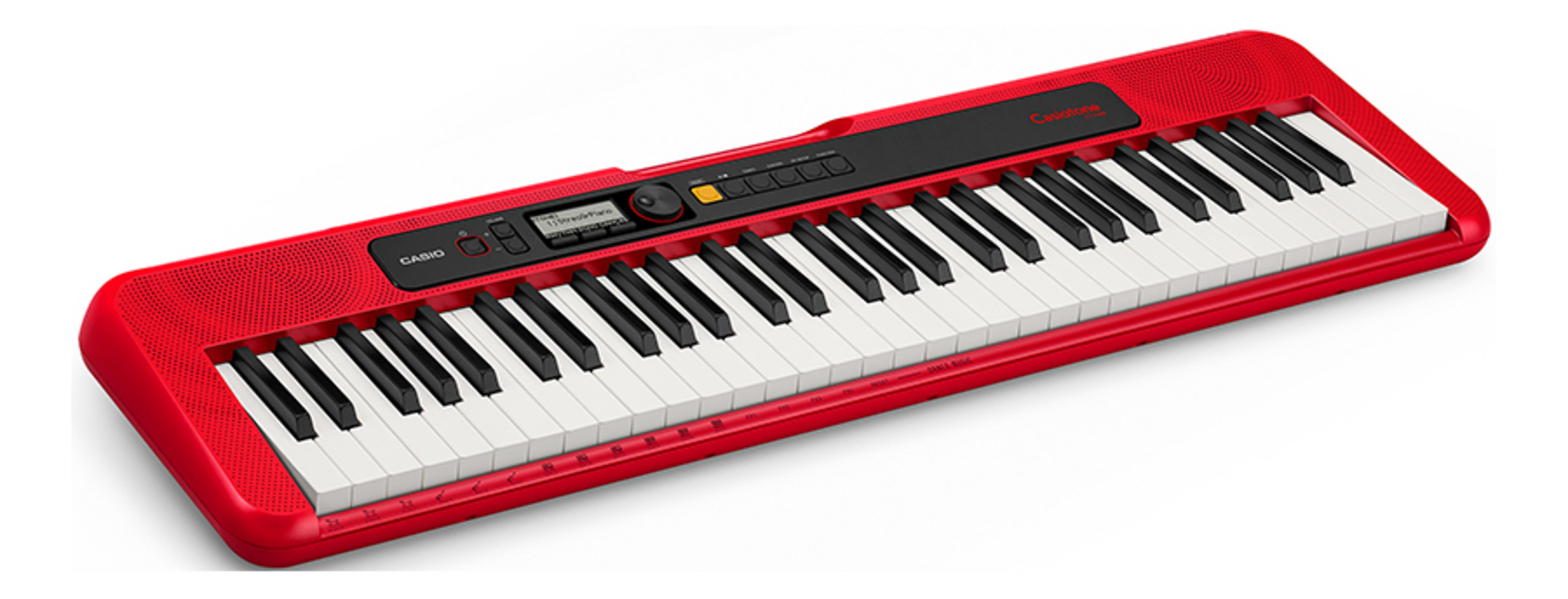 Czerwona klawiatura Casio z czarnymi i białymi klawiszami, maskownicami głośników i małym wyświetlaczem.
