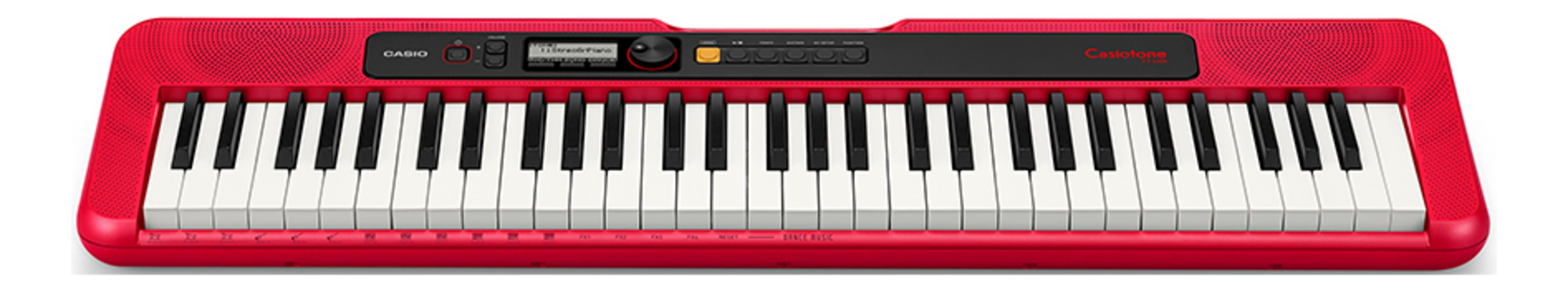 Czerwone pianino Casio z czarno-białymi klawiszami.