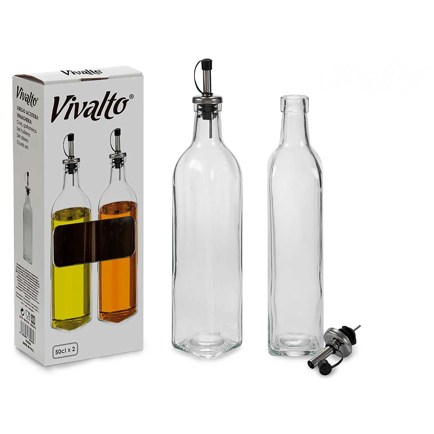 Una caja con dos botellas de vidrio para aceite y vinagre, una llena.