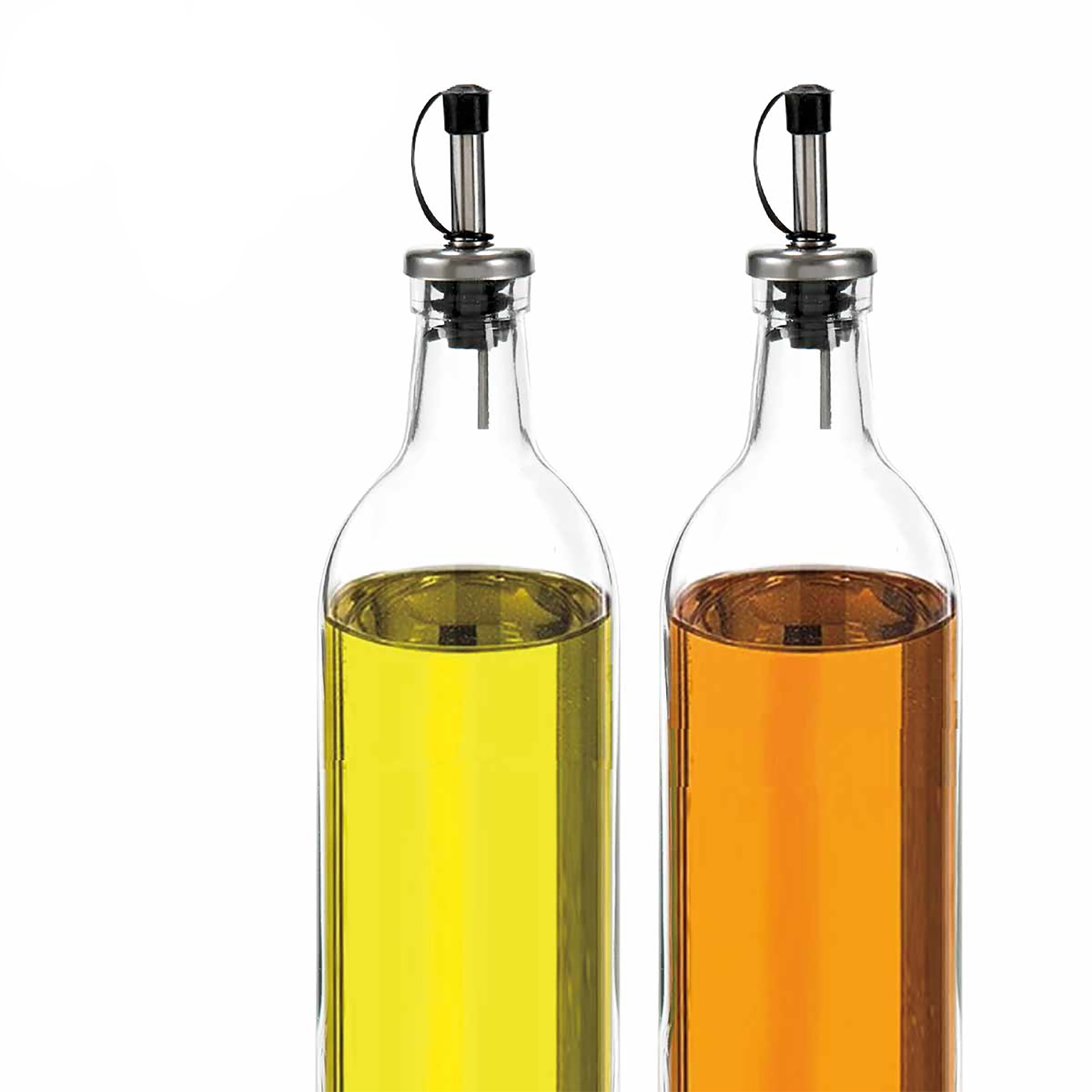 Dos botellas de vidrio con vertedores, llenas de aceite amarillo y naranja.