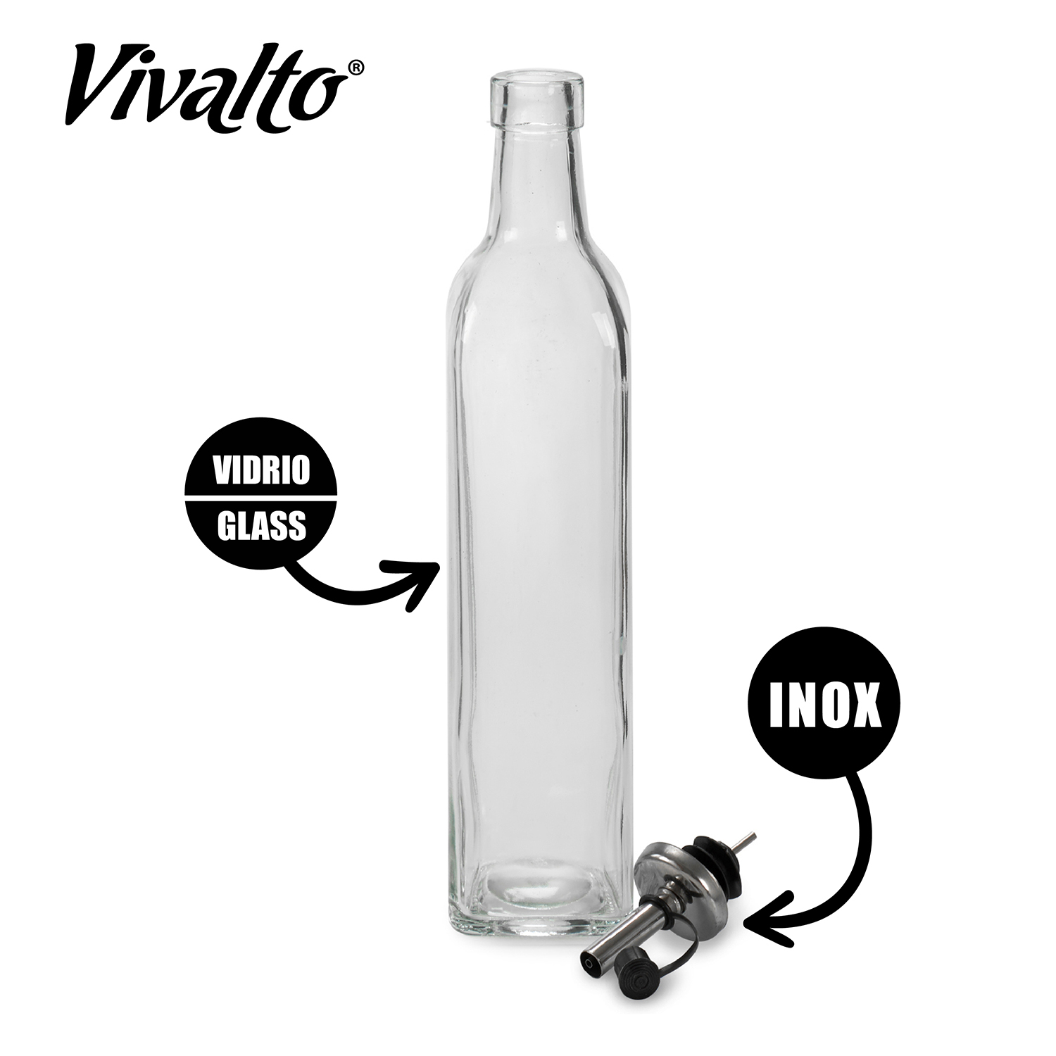 Botella de vidrio transparente con un vertedor de acero inoxidable. Logo "Vivalto" arriba.