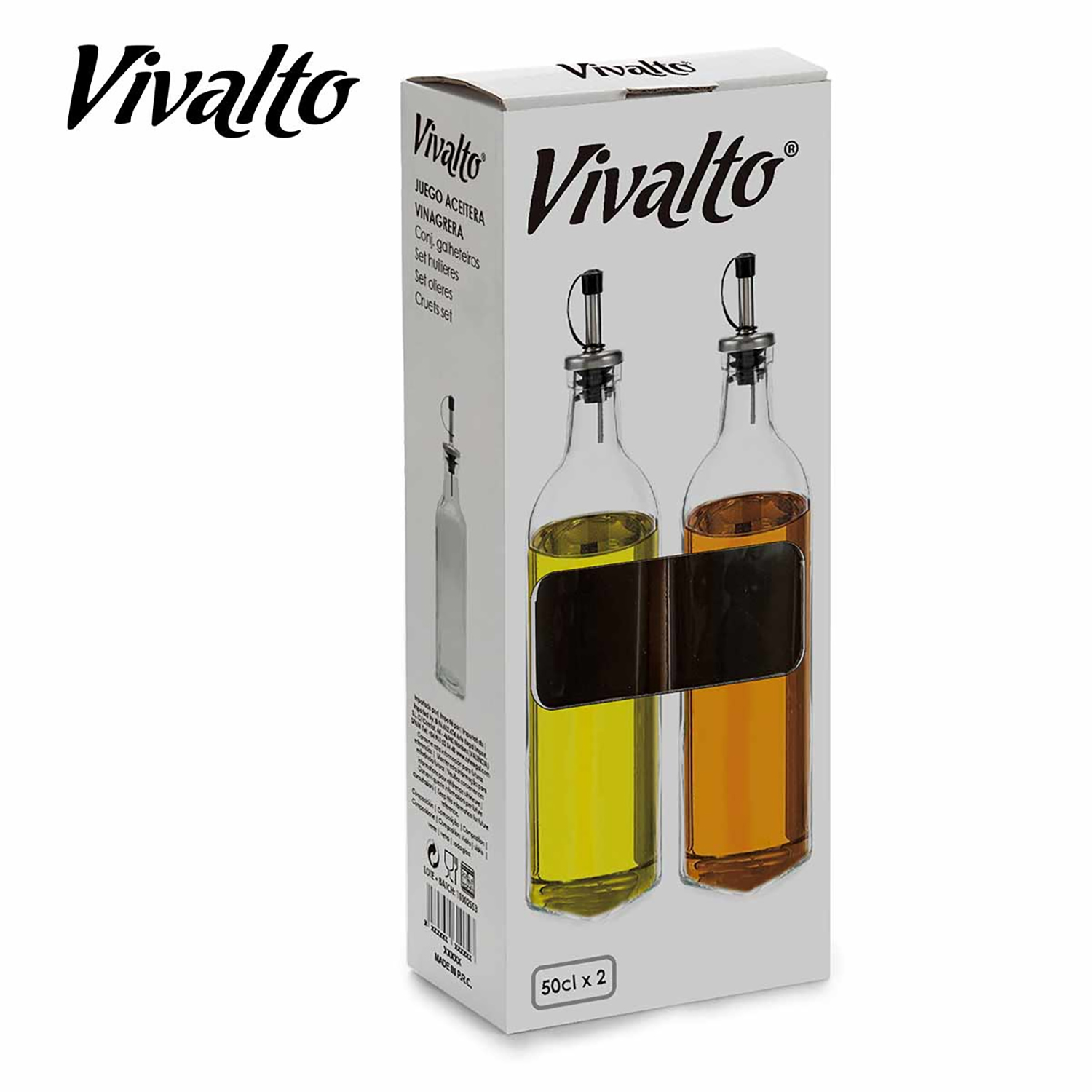 Caja con dos botellas de vidrio para aceite y vinagre, llenas de líquido.