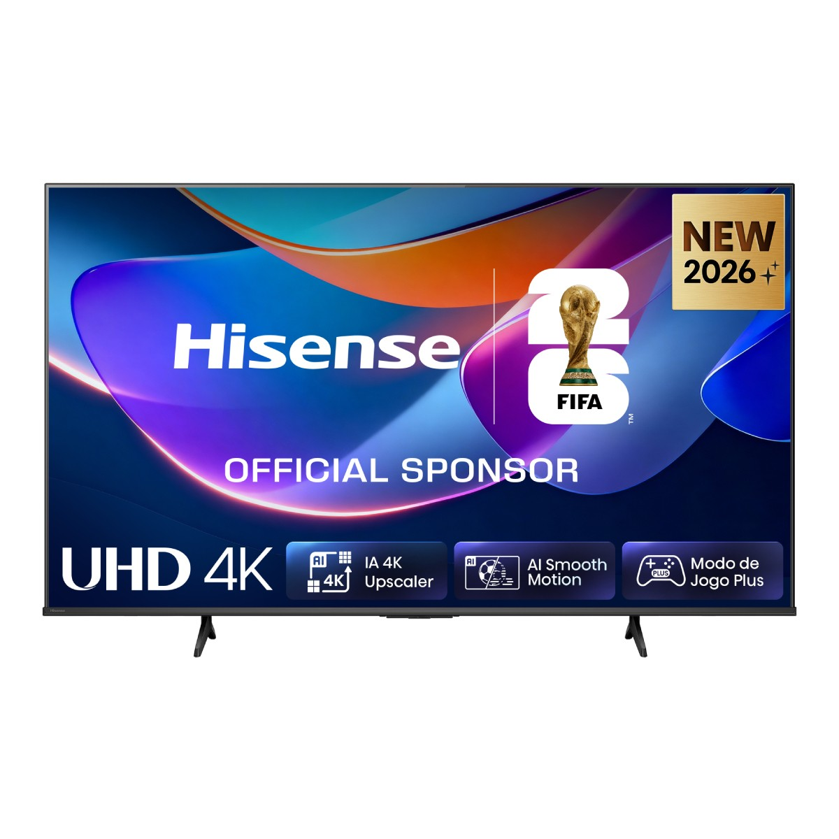 Un televisor Hisense UHD 4K con el logo de la FIFA y "New 2026".