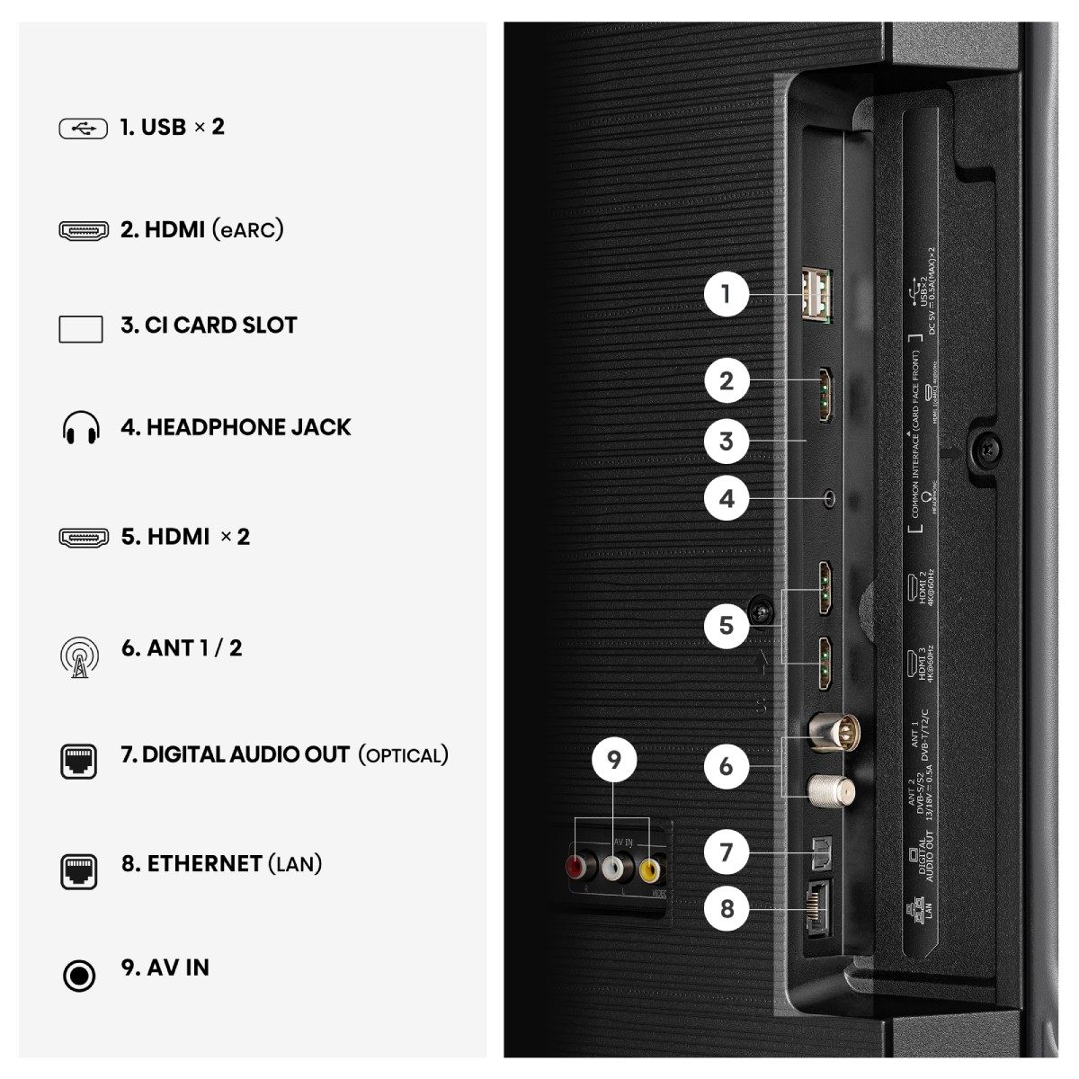 Panel trasero de TV con puertos USB, HDMI, Antena, LAN y entrada AV etiquetados.