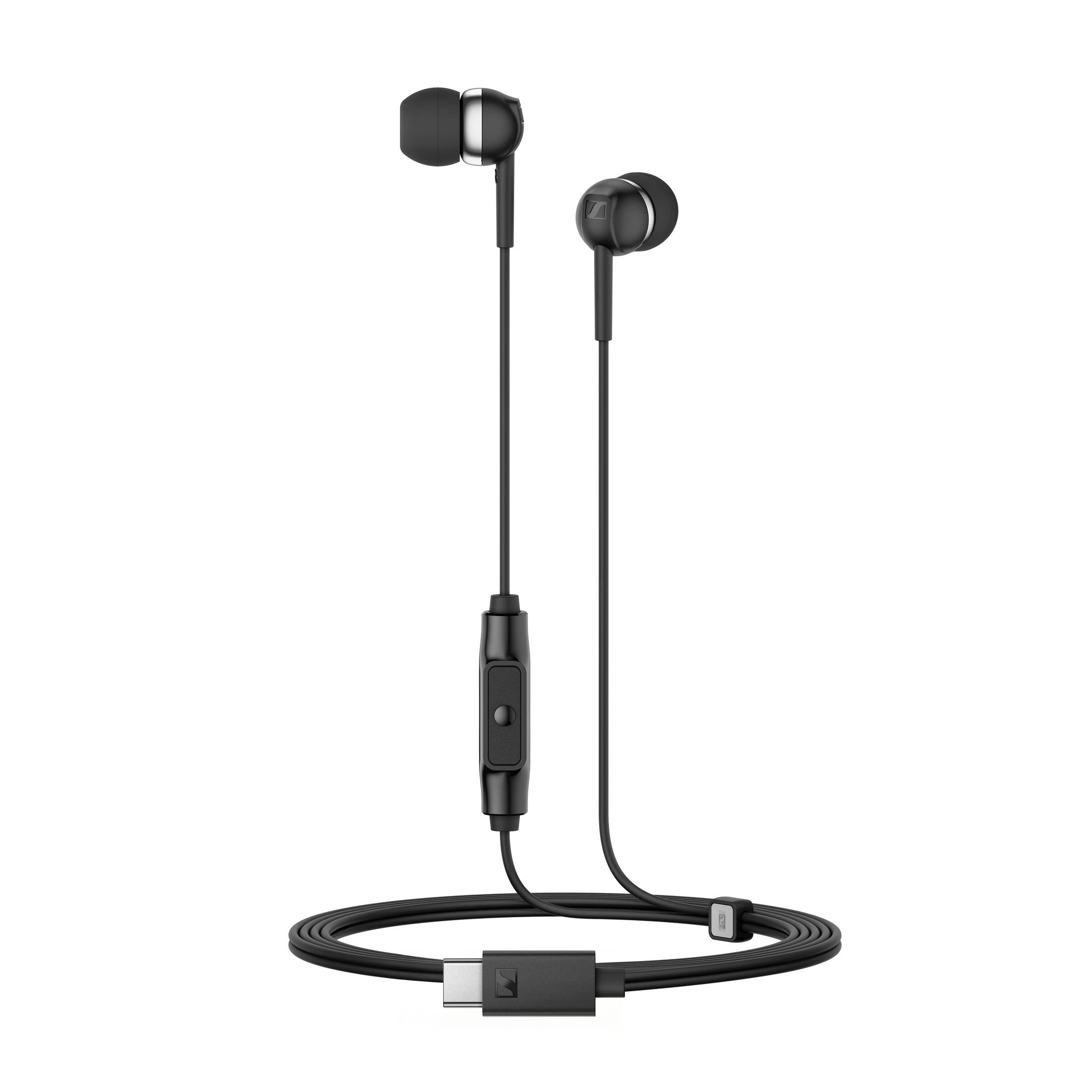 Auricolari in-ear neri con connettore USB-C e microfono in linea.
