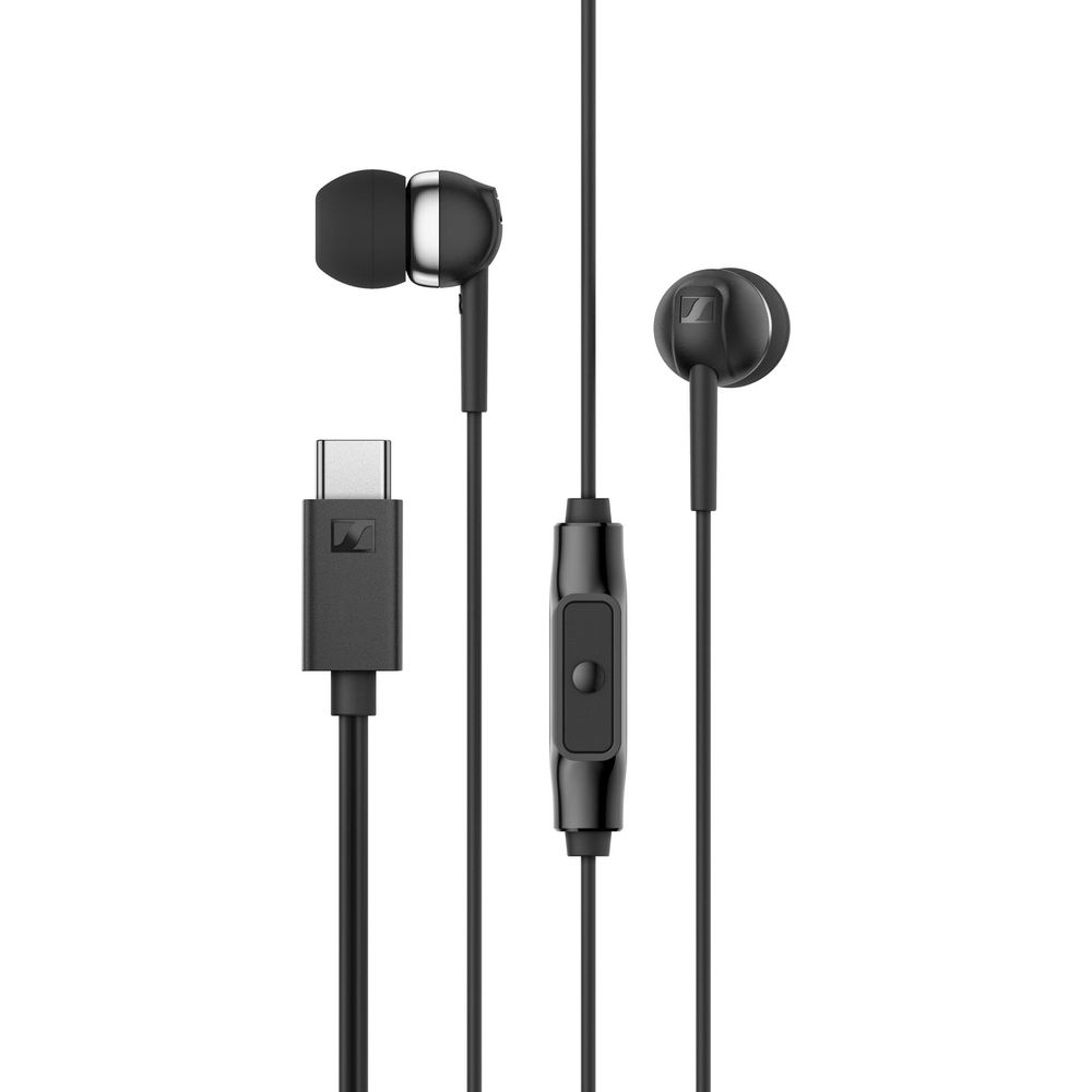 Auricolari neri con connettore USB-C e microfono in linea. Isolati su bianco.