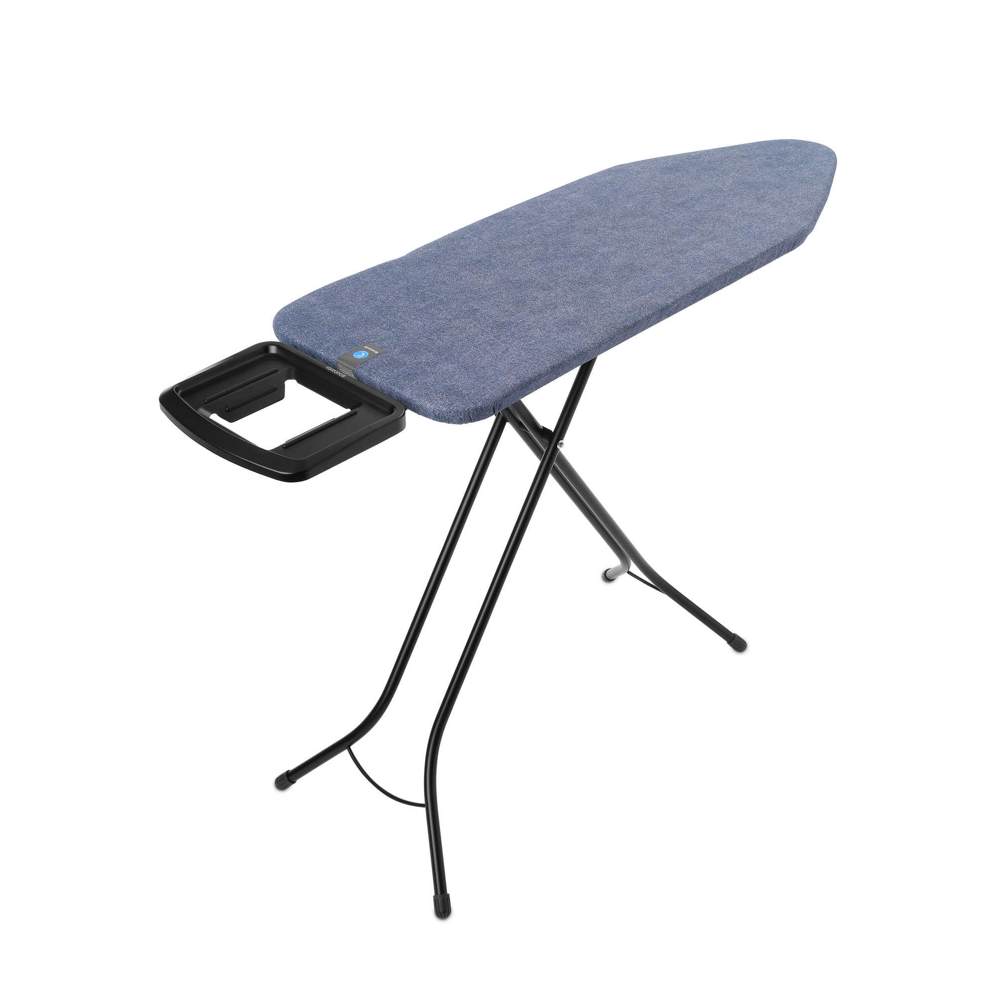 Une planche à repasser bleue avec un cadre en métal noir et un plateau.