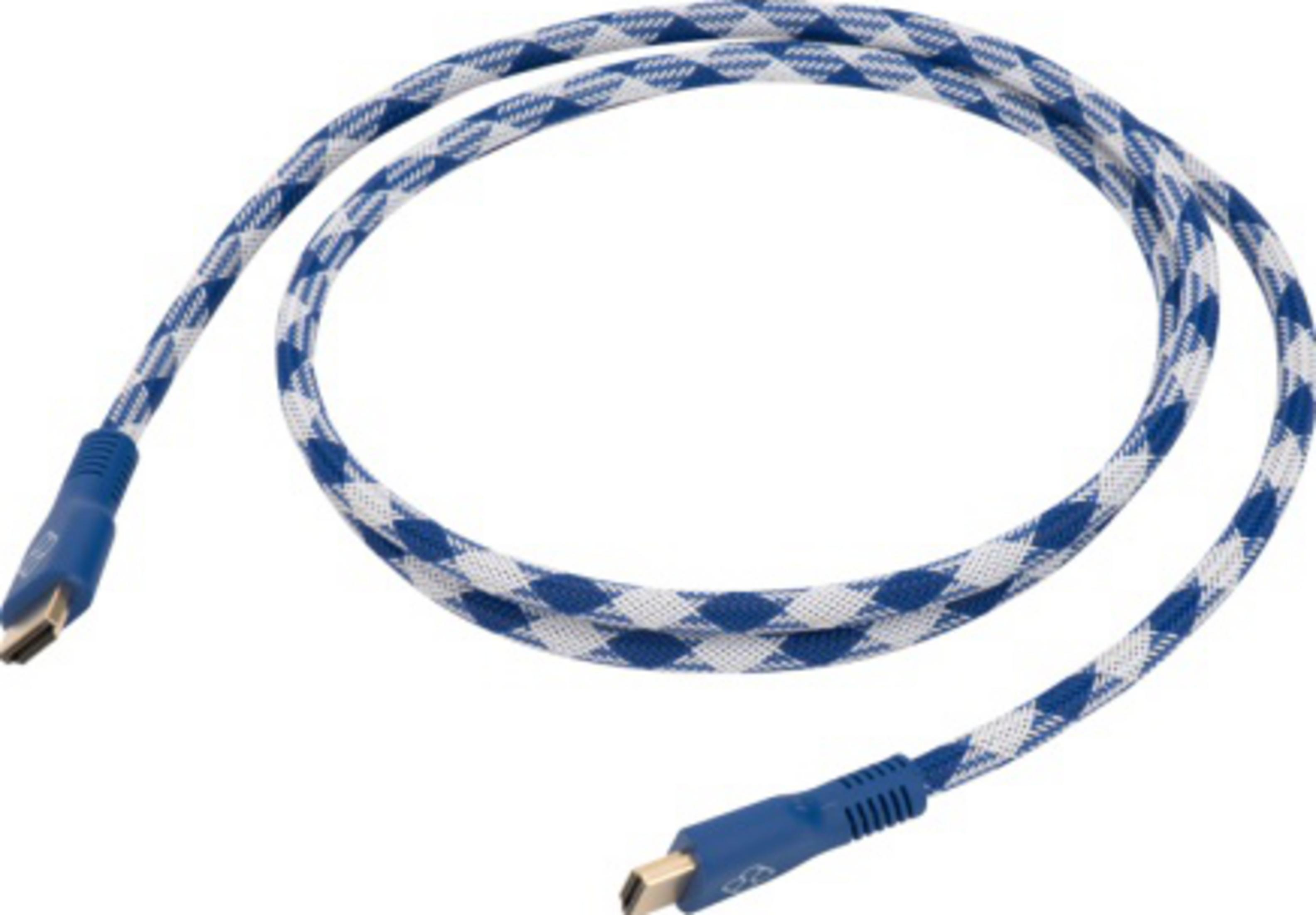 Un cable a cuadros azul y blanco con conectores azules en ambos extremos sobre fondo blanco.