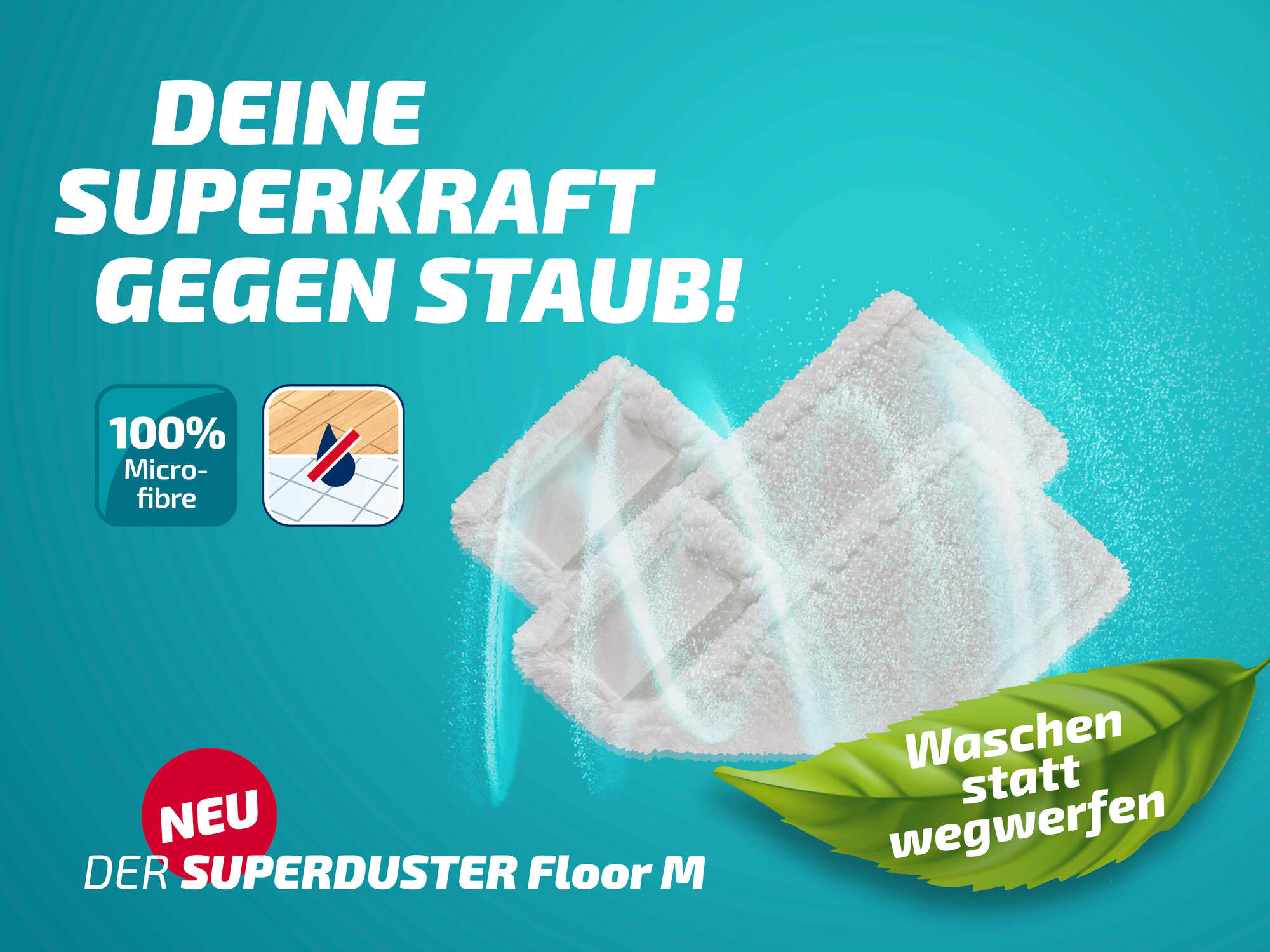 Weiße Mikrofasertücher auf türkisfarbenem Hintergrund mit deutschem Text.