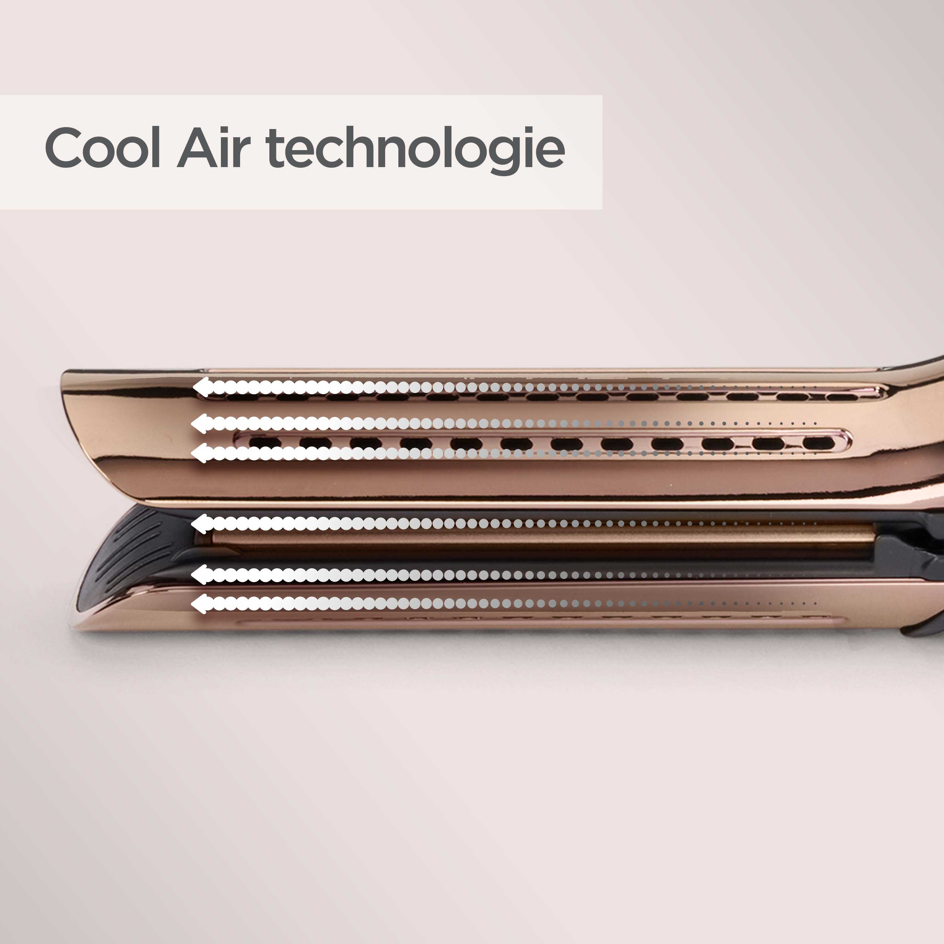 Primer plano de una plancha de pelo oro rosa con ventilaciones y flechas indicando flujo de aire.