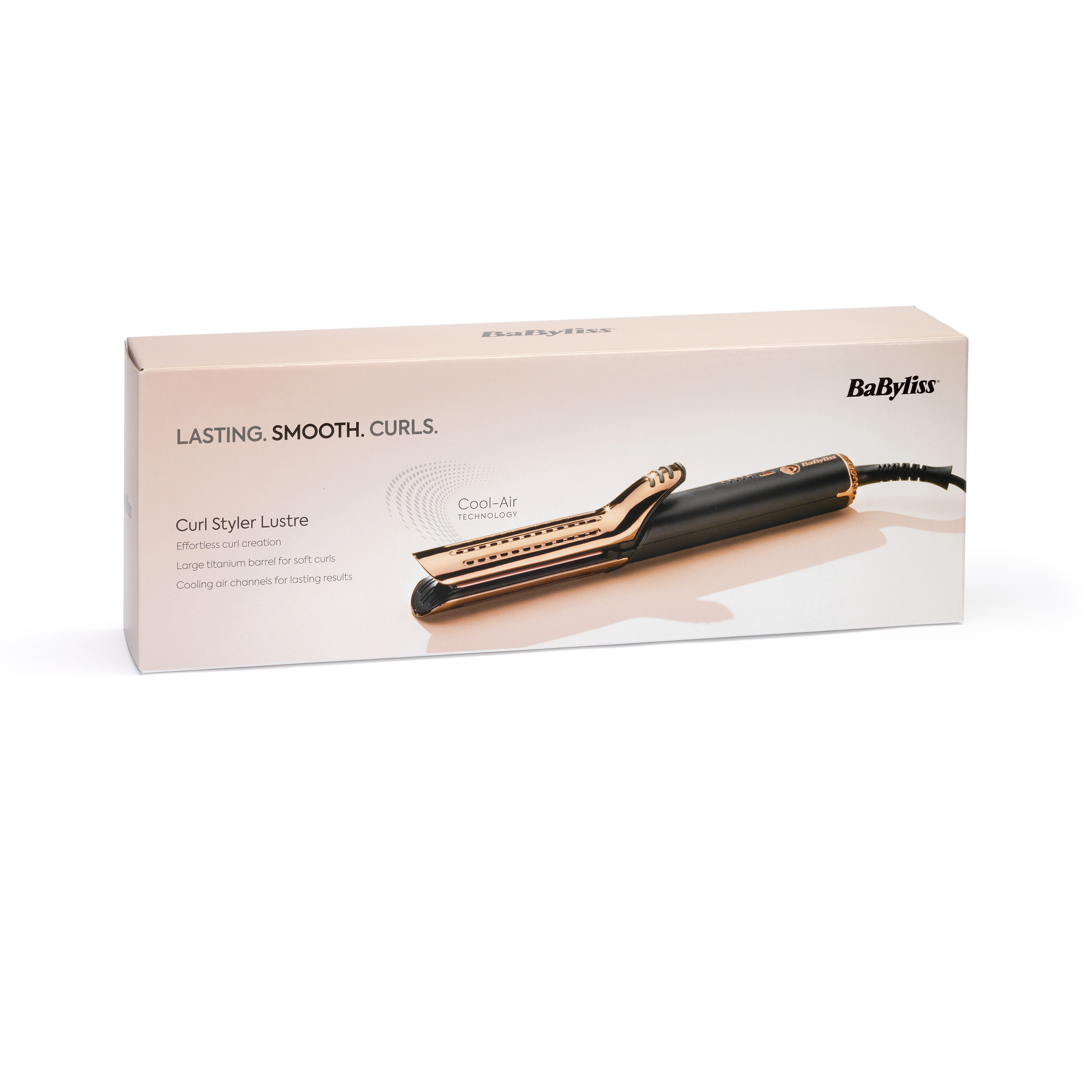 Caja BaByliss Curl Styler Lustre con imagen del producto y texto.