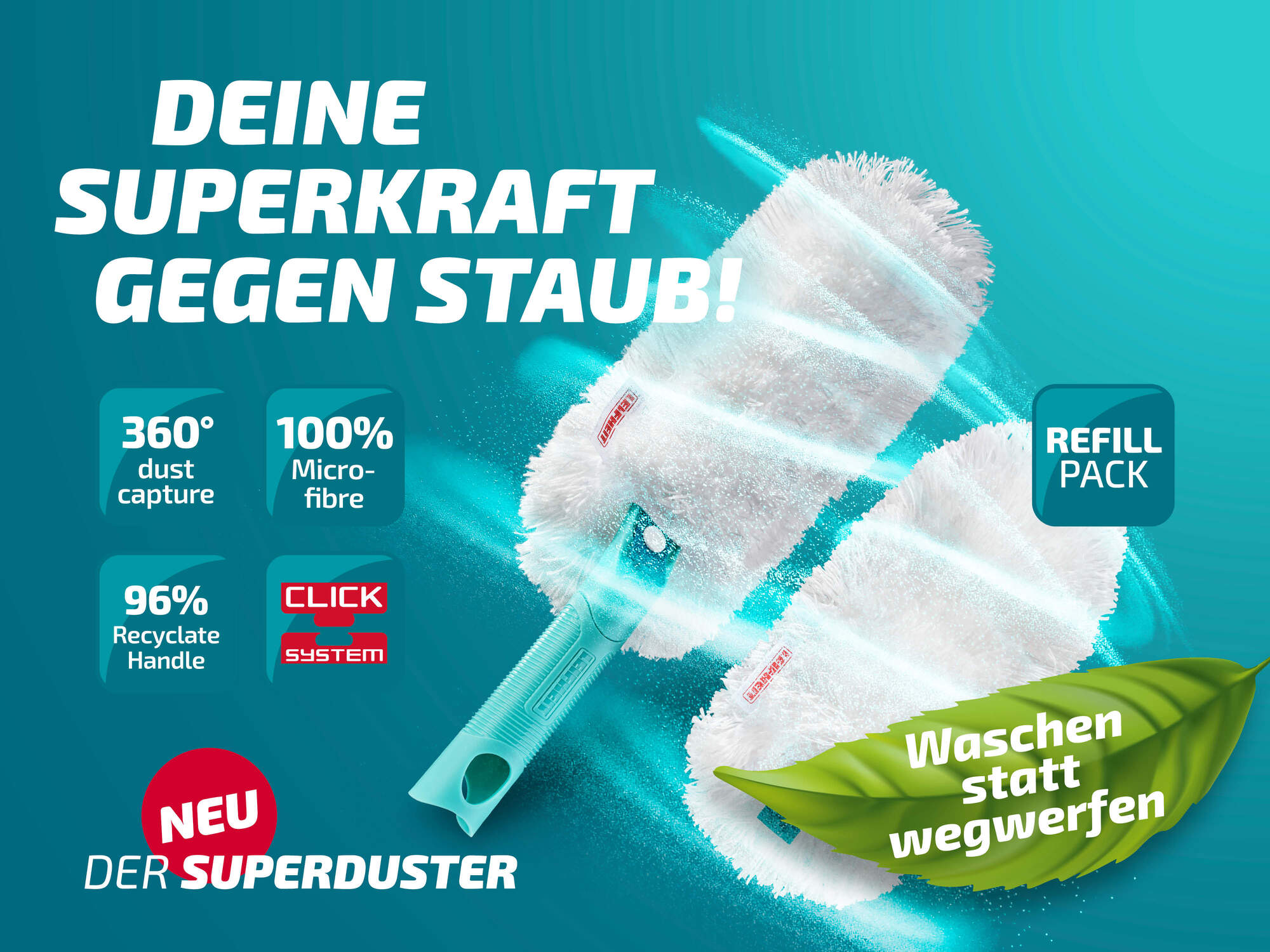 Ein weißer Staubwedel mit blauem Griff und grünen Blättern im Hintergrund.