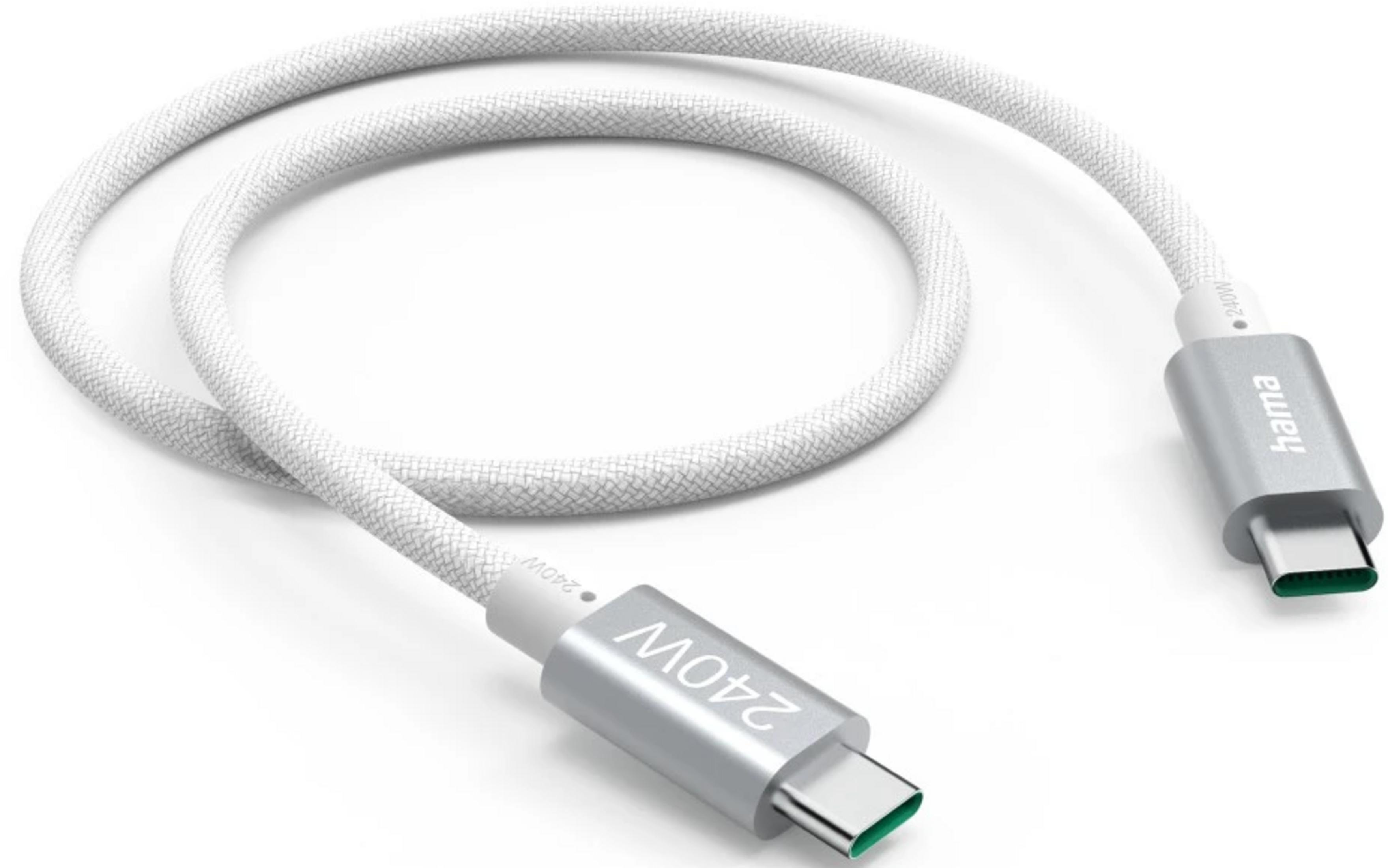 Biały kabel USB-C ze srebrnymi złączami, oznaczony "hama" i "240W".