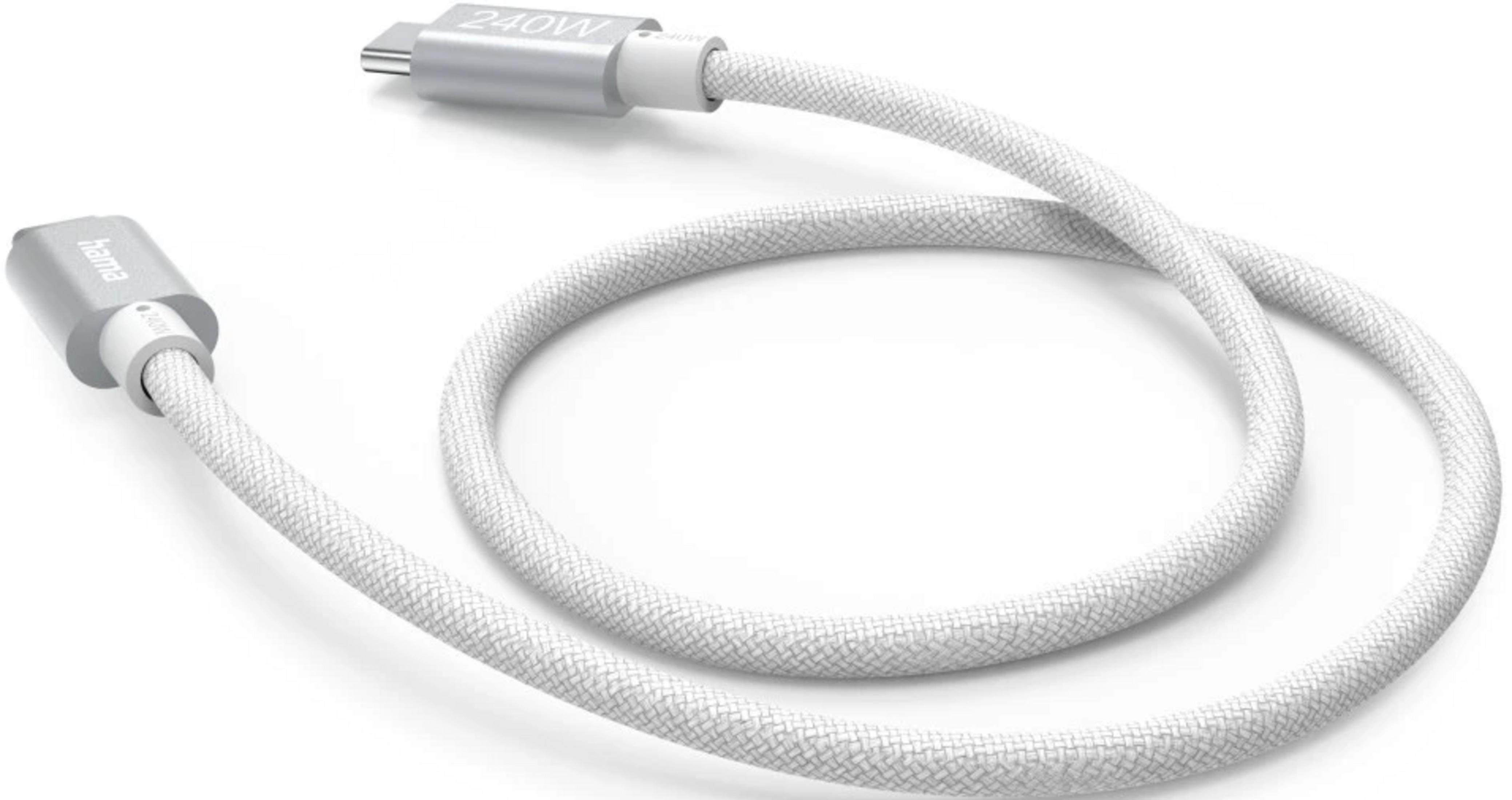 Biały, pleciony kabel USB-C o mocy 240 W ze srebrnymi złączami.