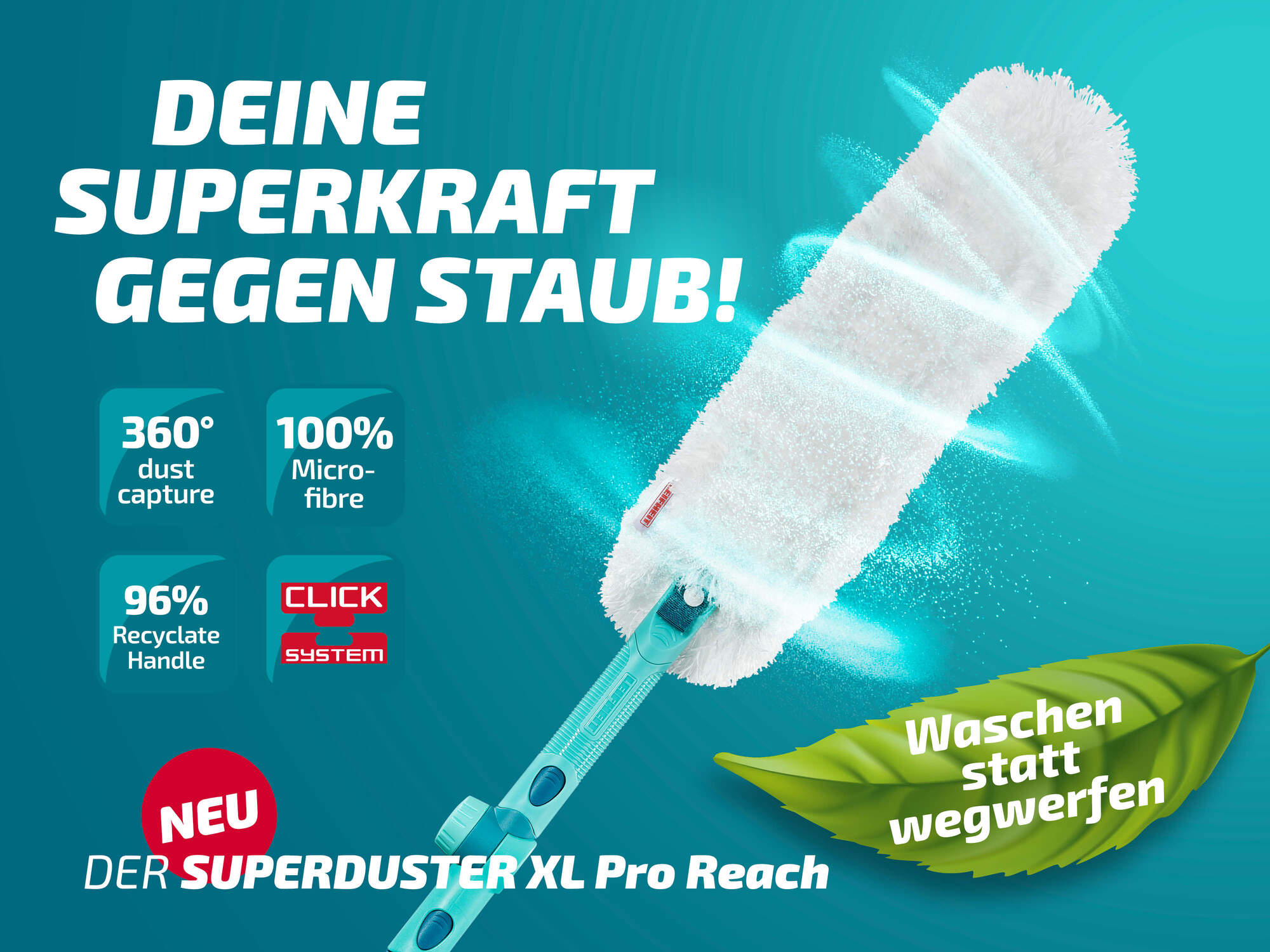 Ein Staubwedel mit Mikrofaser zeigt seine Reinigungsleistung.