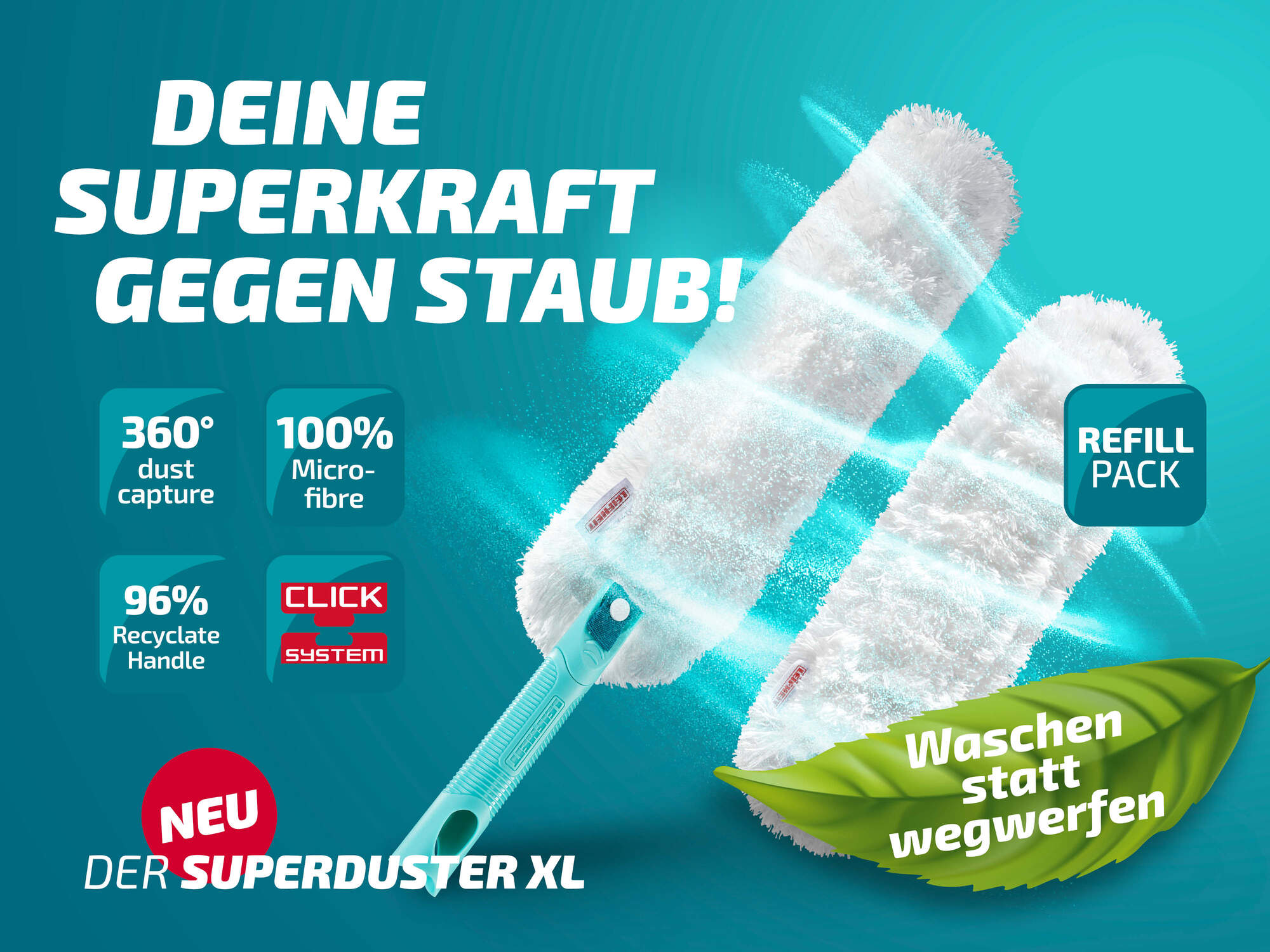 Ein türkiser Hintergrund mit einem Staubwedel, einer Nachfüllpackung und Text.