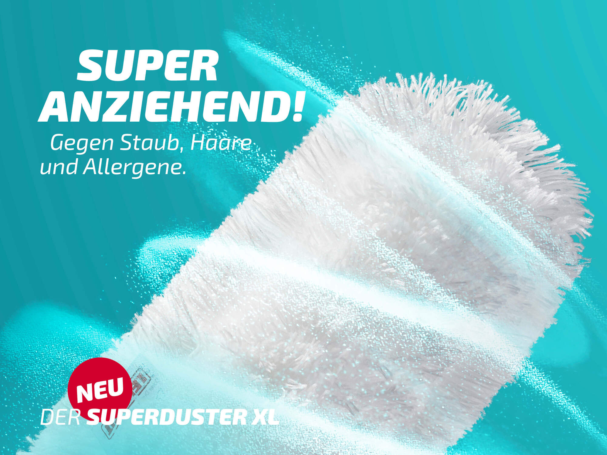 Ein weißer Staubwedel mit türkisfarbenem Hintergrund. Text: Super anziehend!