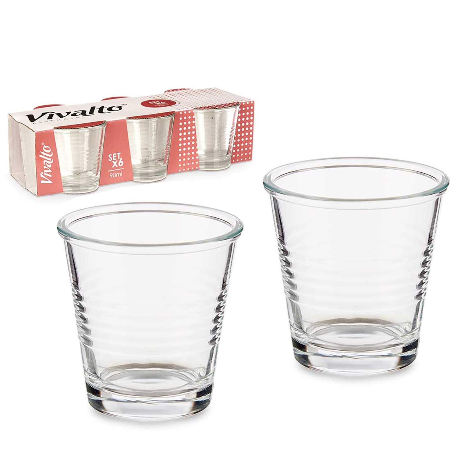 Dos vasos transparentes con textura acanalada y un paquete de tres vasos.