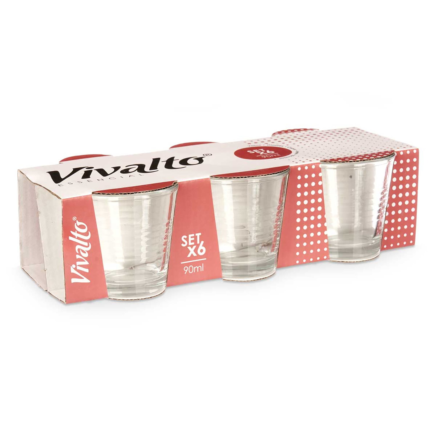Un juego de seis vasos pequeños y transparentes en un paquete rojo y blanco con lunares.