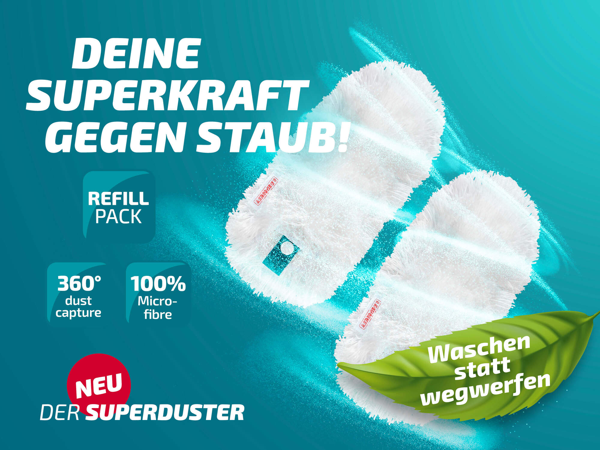 Zwei weiße Mikrofasertücher für Staubentfernung auf blauem Hintergrund.