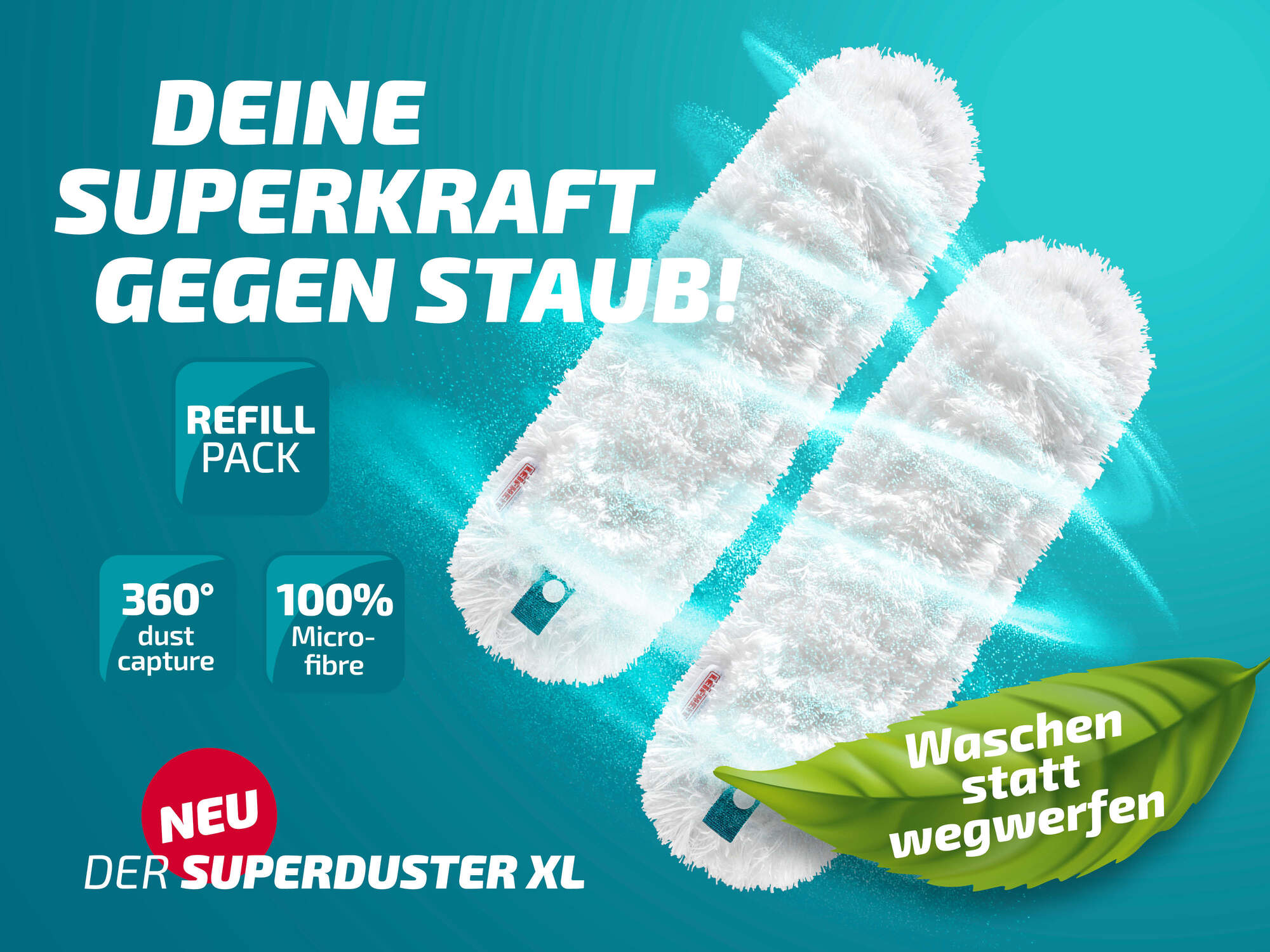 Zwei weiße Mikrofaser-Staubreiniger-Aufsätze mit Text auf türkisfarbenem Hintergrund.