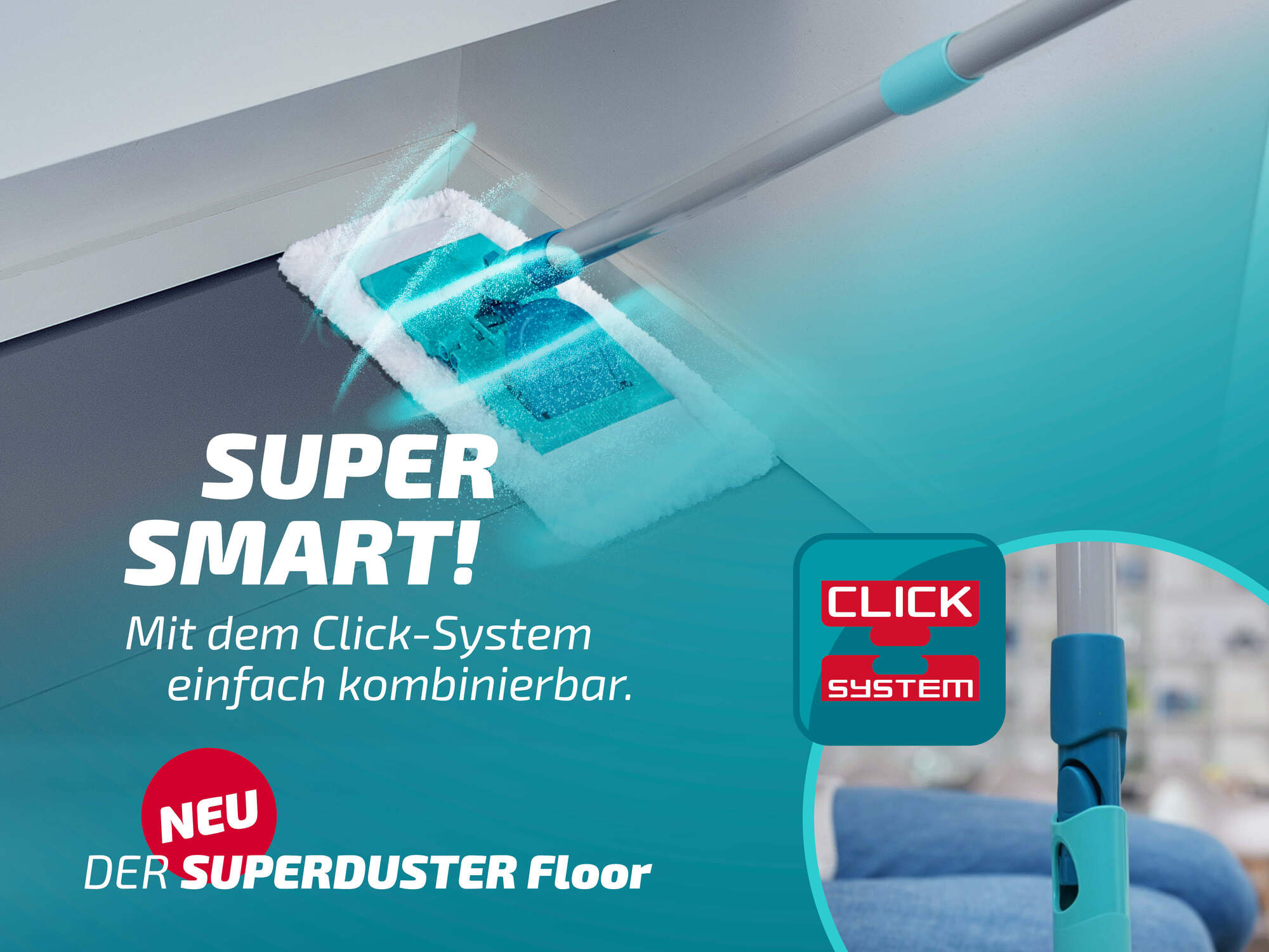 Ein Superduster-Bodenwischer mit Click-System reinigt einen dunklen Boden.