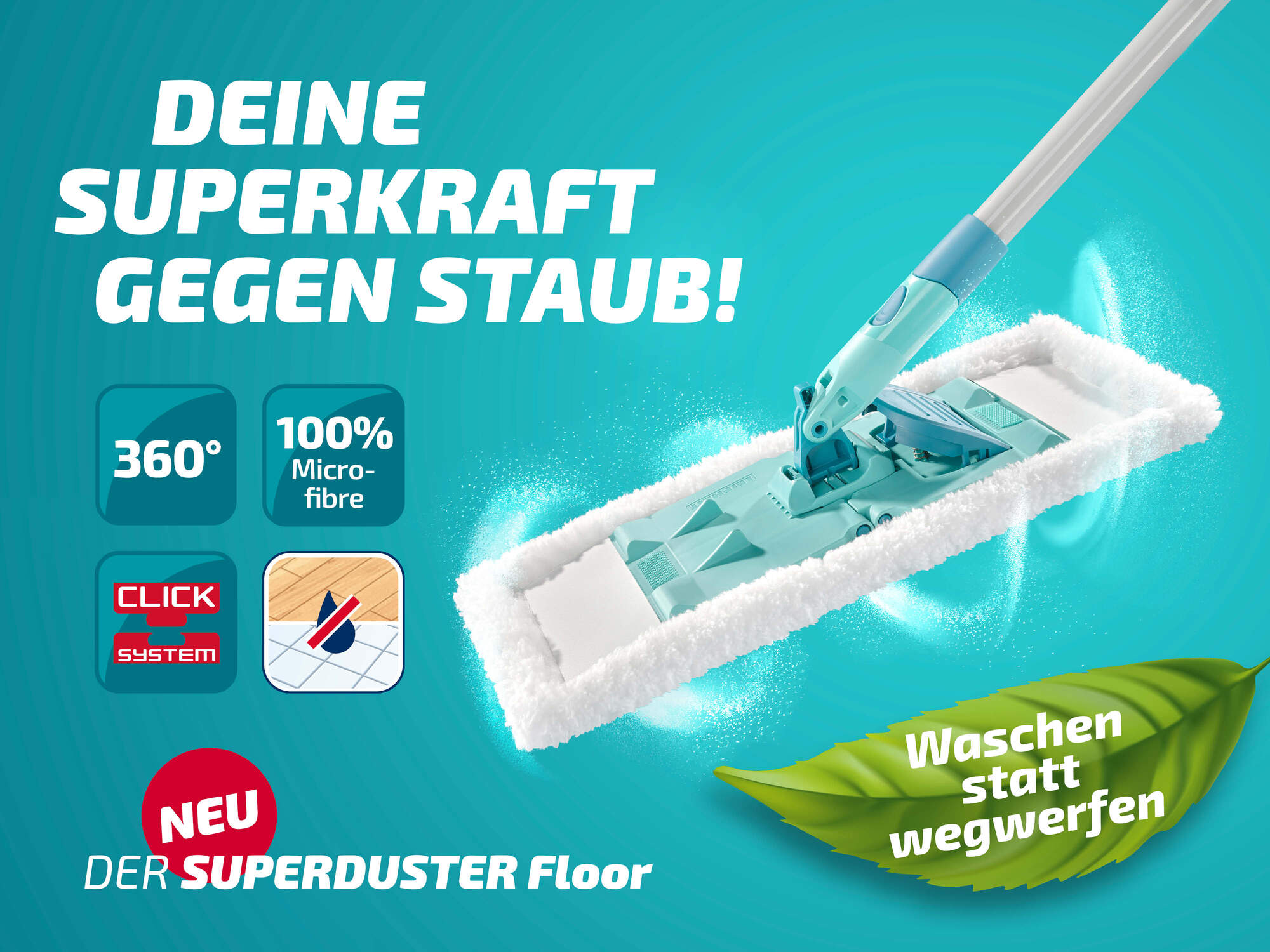 Ein Staubwischmop mit Mikrofaser und einem Stiel auf türkisfarbenem Hintergrund.