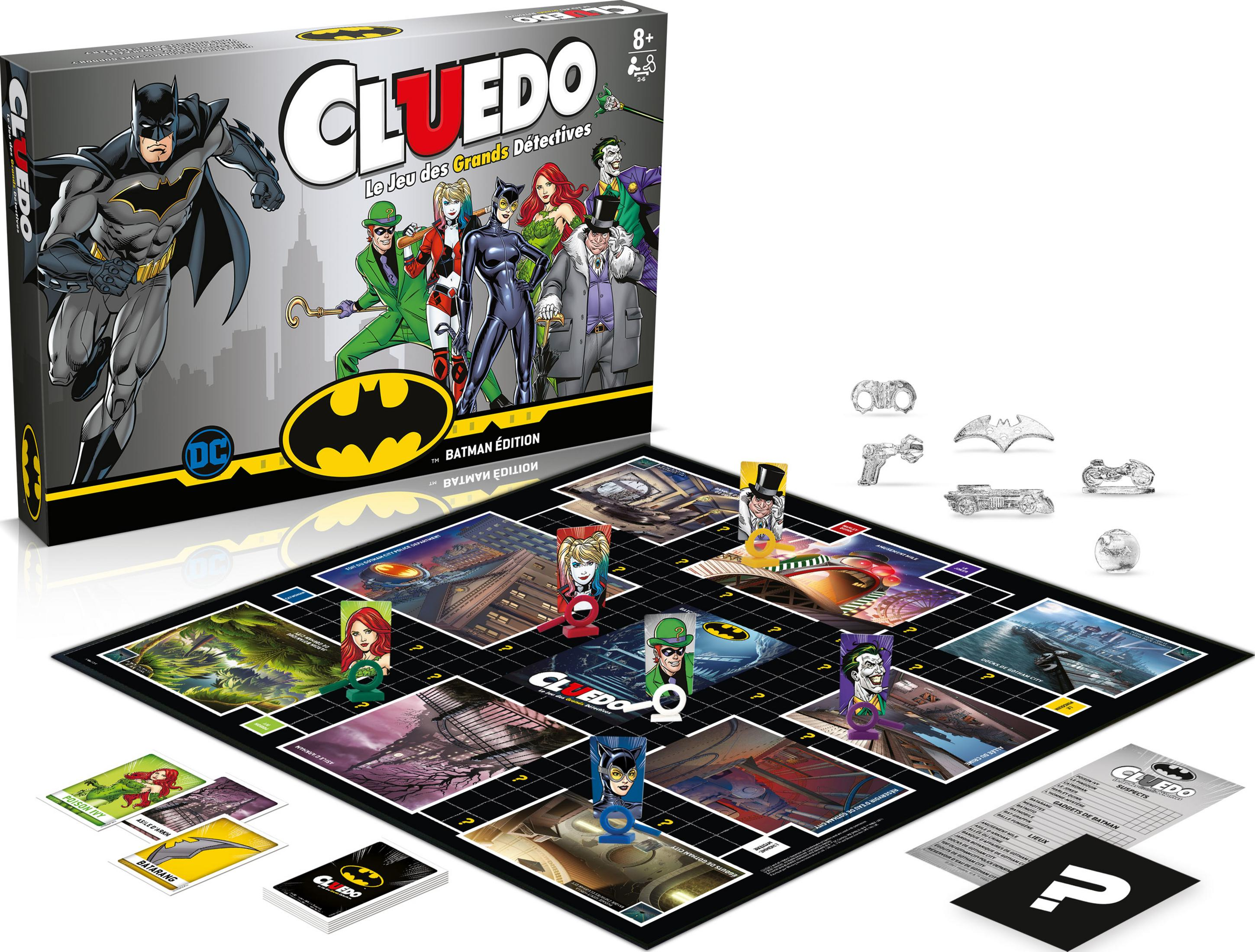 Batman Cluedo Spielbrett mit Charakterfiguren, Spielkarten und Zubehör.
