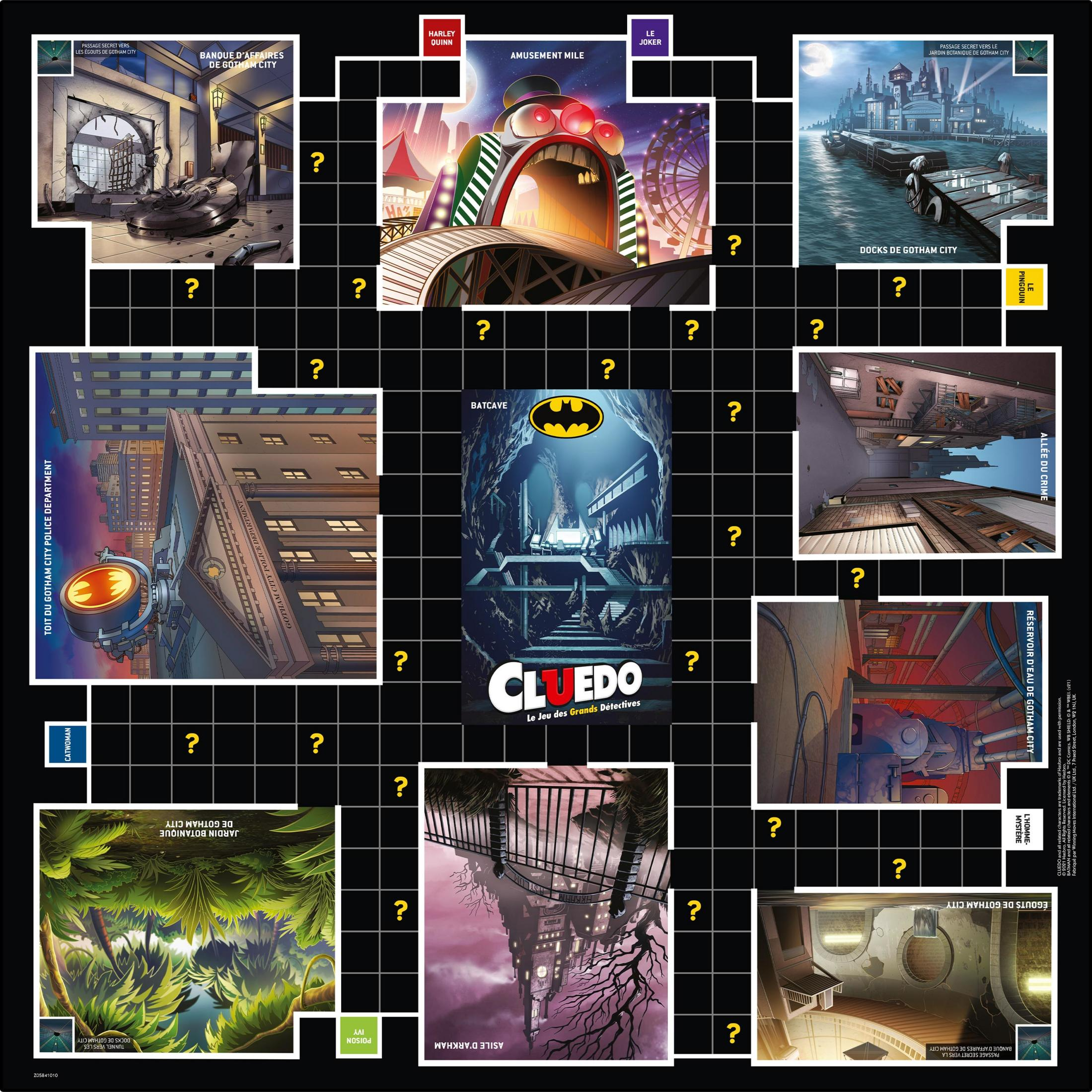 Ein Cluedo-Brettspiel für Batman mit verschiedenen Orten in Gotham City wie Arkham Asylum, Batcave und Amusement Mile.