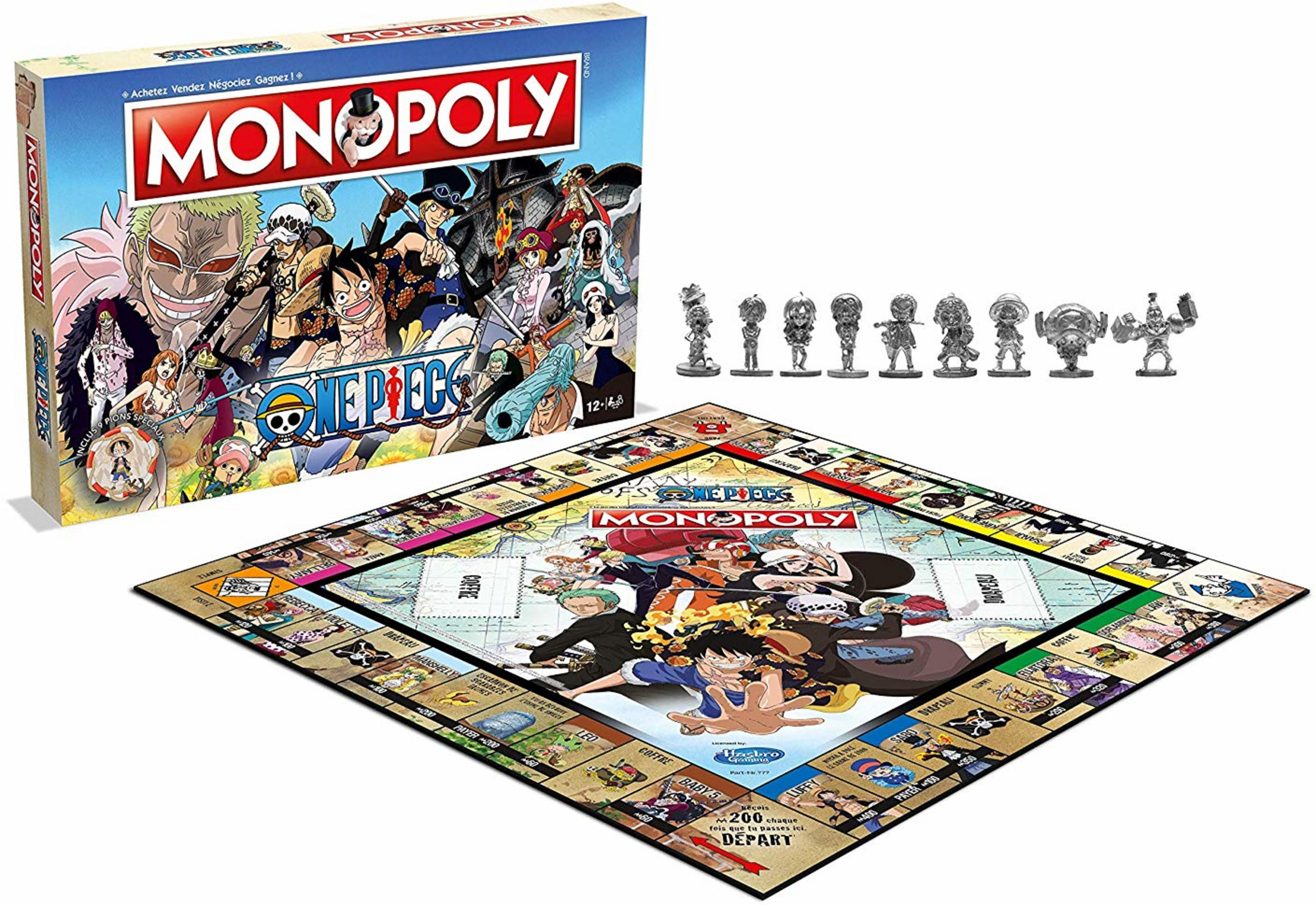 One Piece Monopoly Spiel mit Spielfiguren und Spielbrett.