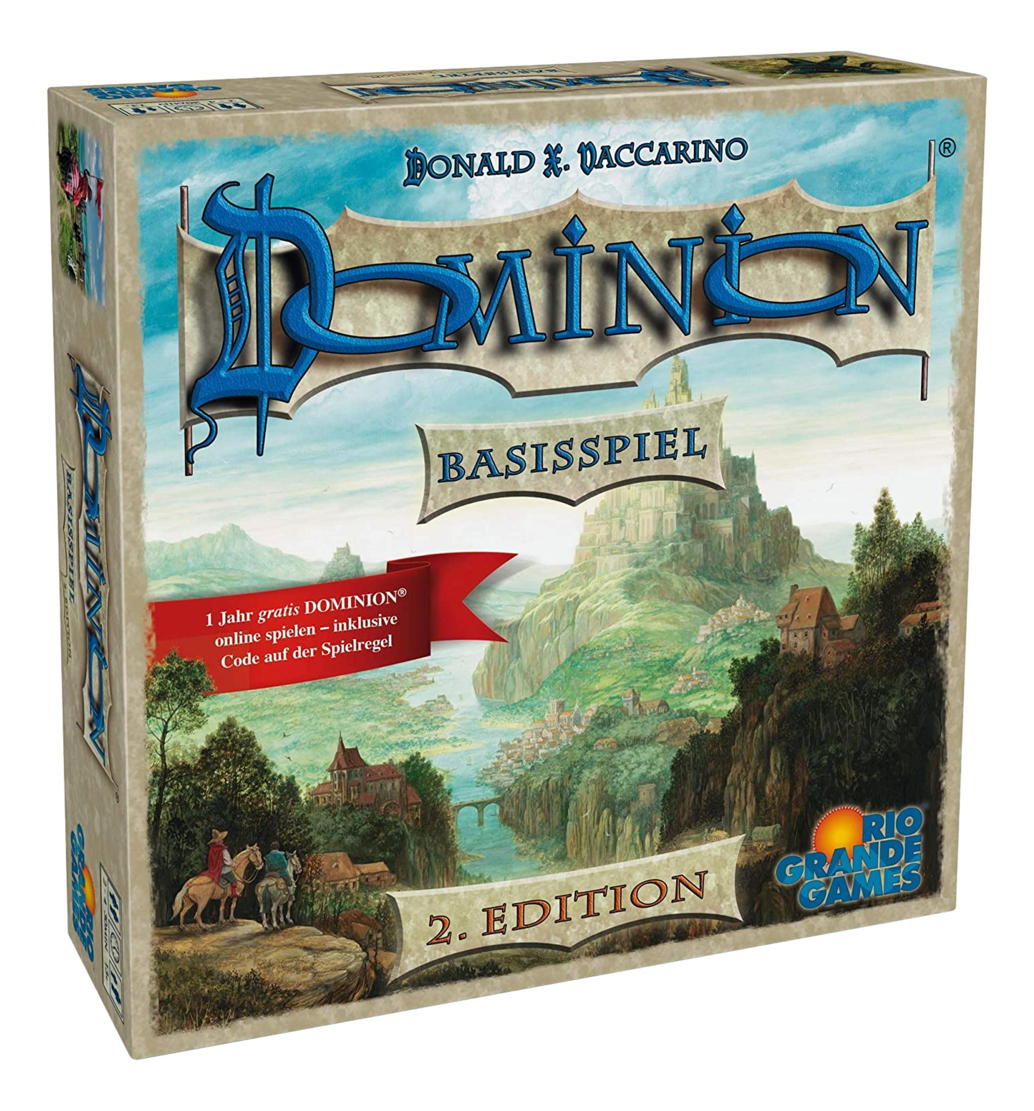 Dominion 2. Edition Spielbox mit Burg und Flusslandschaft, zwei Reiter.