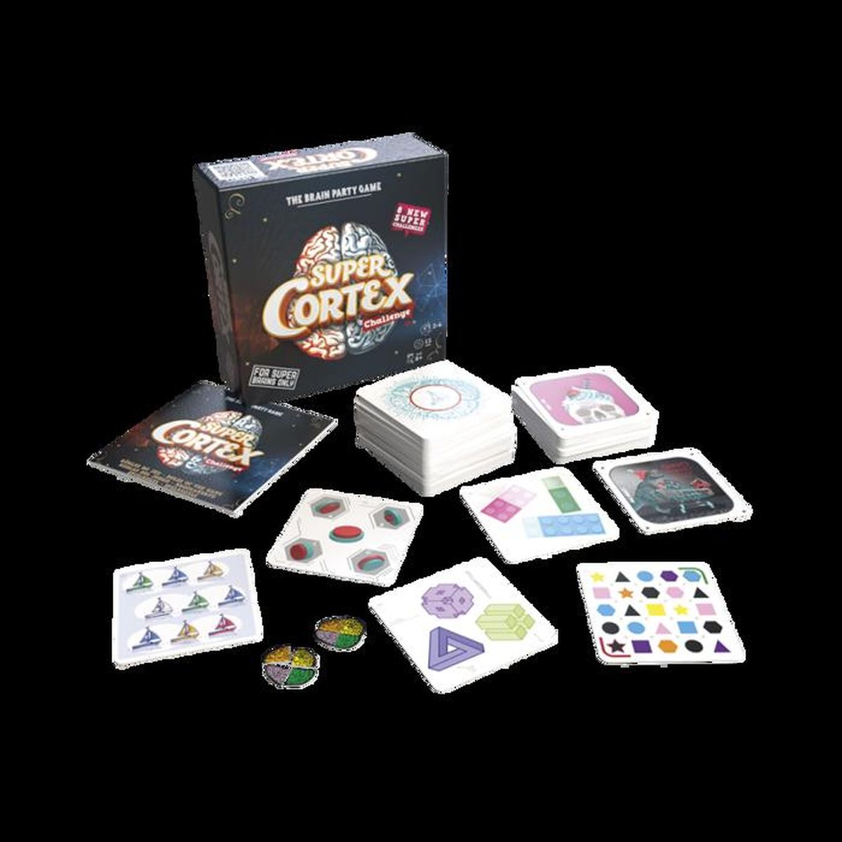 Le jeu de société Super Cortex avec sa boîte et ses cartes sur fond noir.
