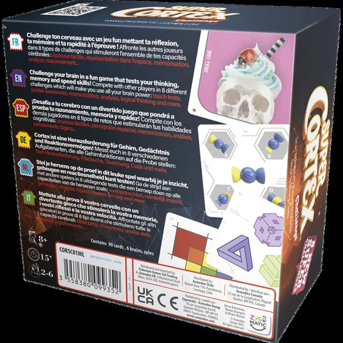Boîte de jeu avec texte multilingue, icône de cerveau, crâne et cupcake.