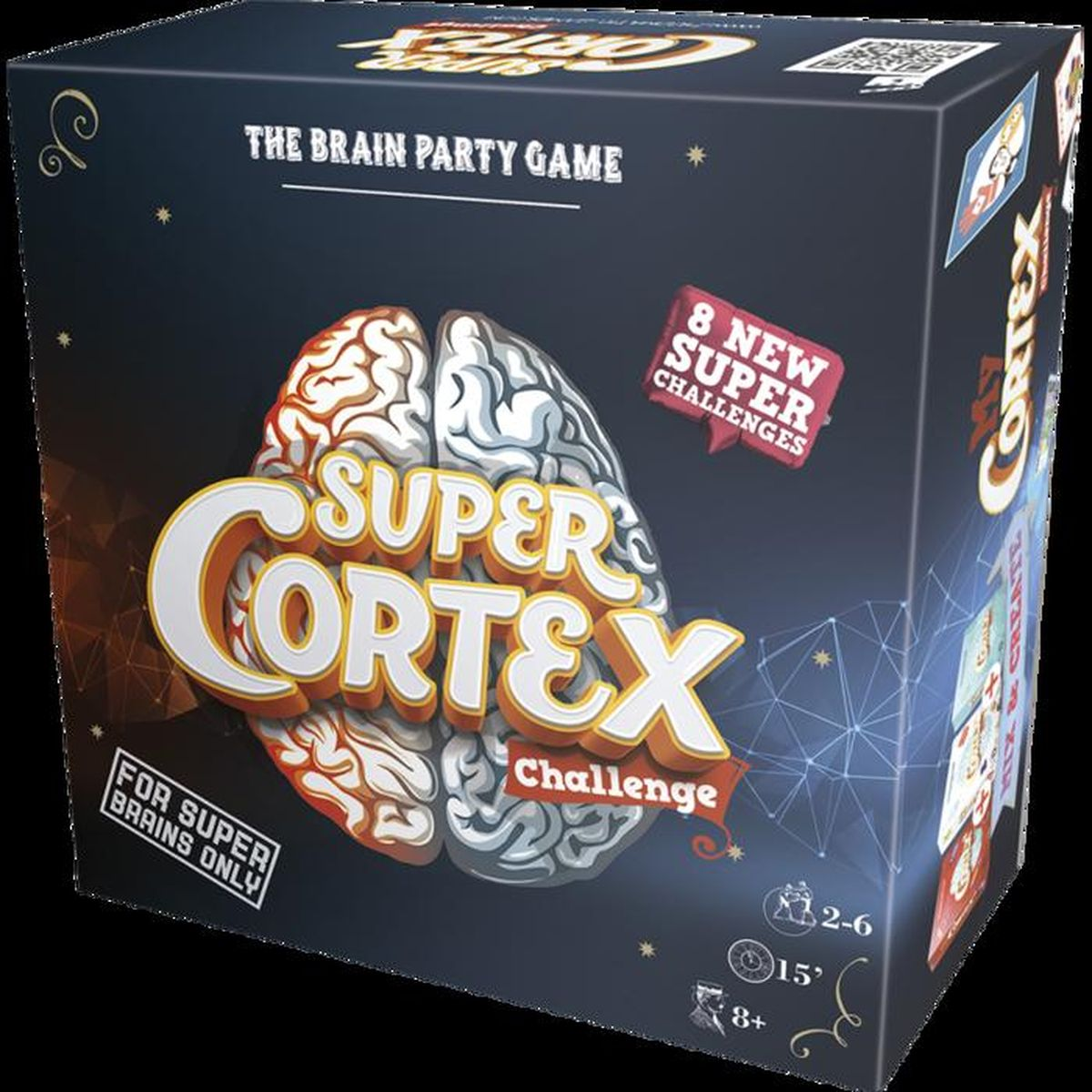 Boîte du jeu Super Cortex Challenge, avec un graphique de cerveau et des détails.