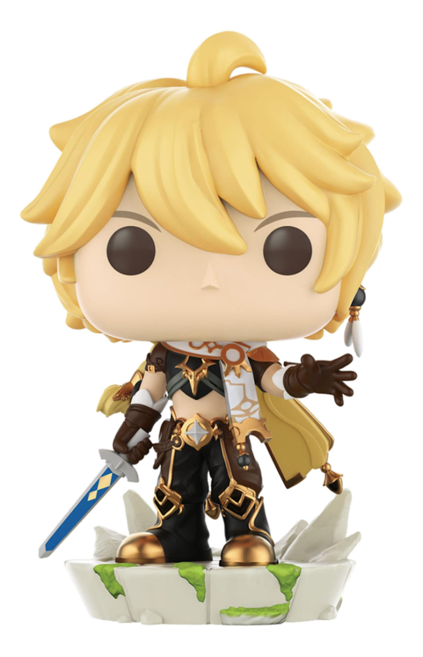 Figura anime con capelli biondi e spada su base rocciosa.