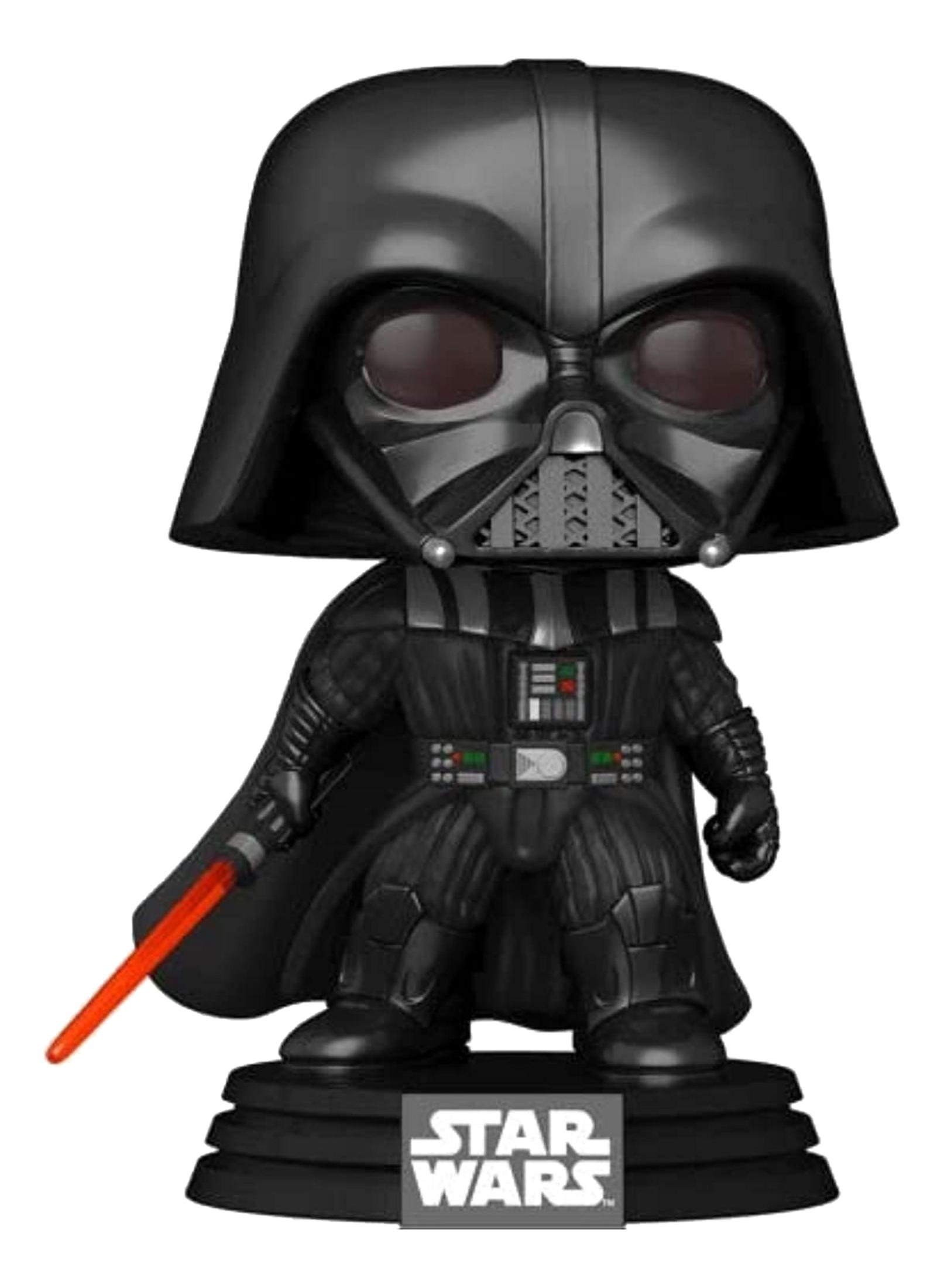 Action figure Funko Pop di Darth Vader con spada laser rossa su base nera con logo Star Wars.