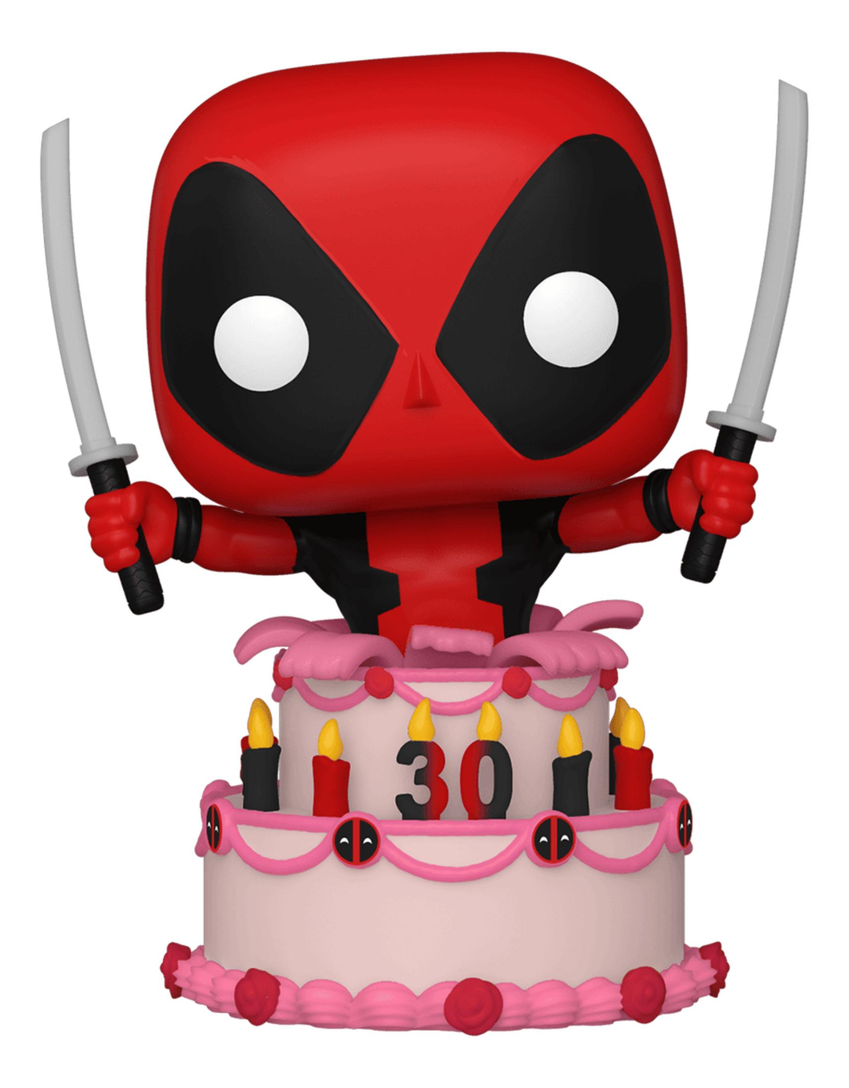 Personaggio di Deadpool su una torta con candele e il numero 30.