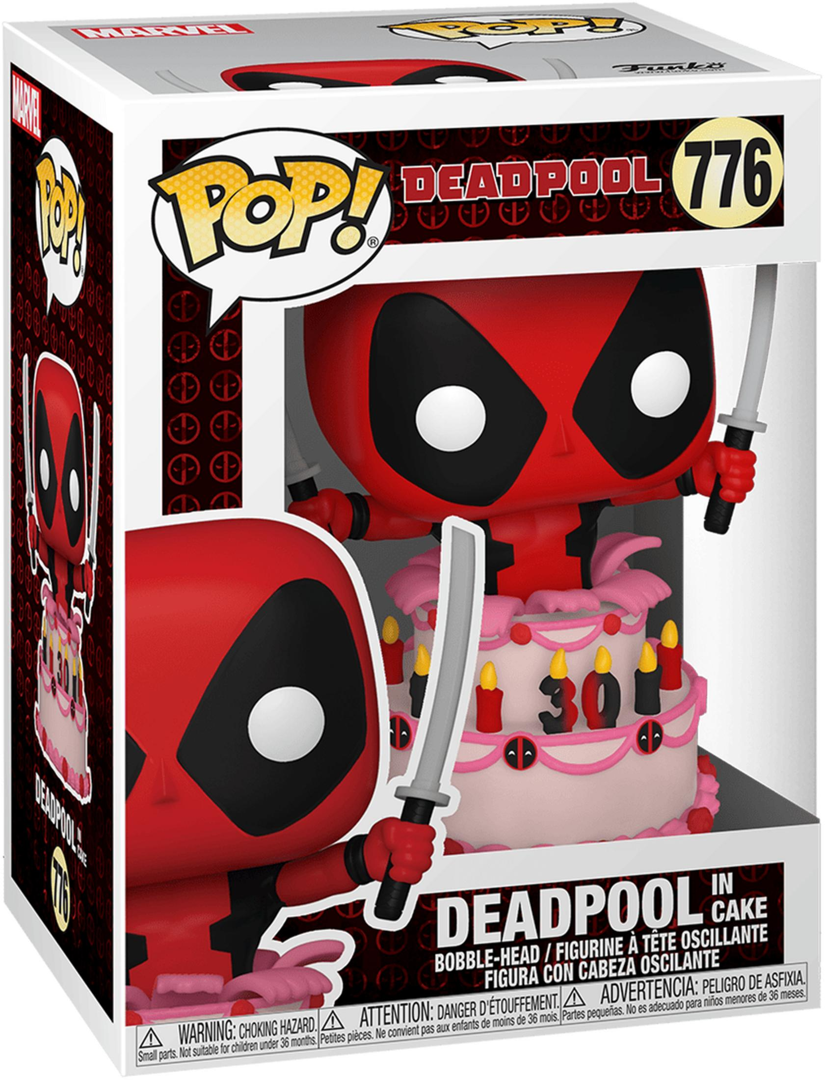 Statua di Deadpool in scatola a tema torta con candele. Tiene due spade.