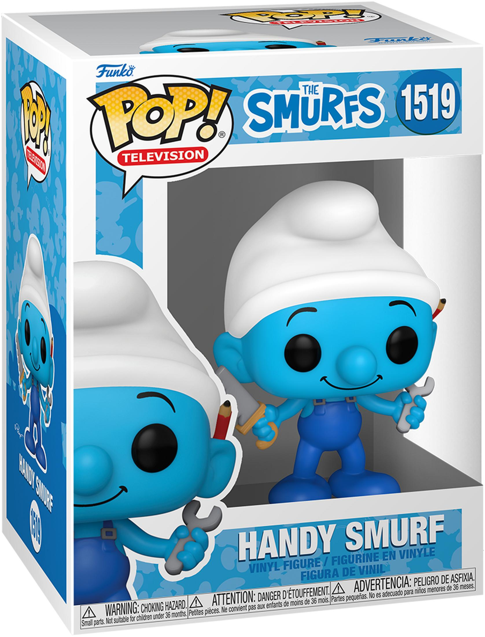 Funko Pop! Handy Smurf Vinylfigur Nr. 1519, hält Werkzeuge, in Verpackung.