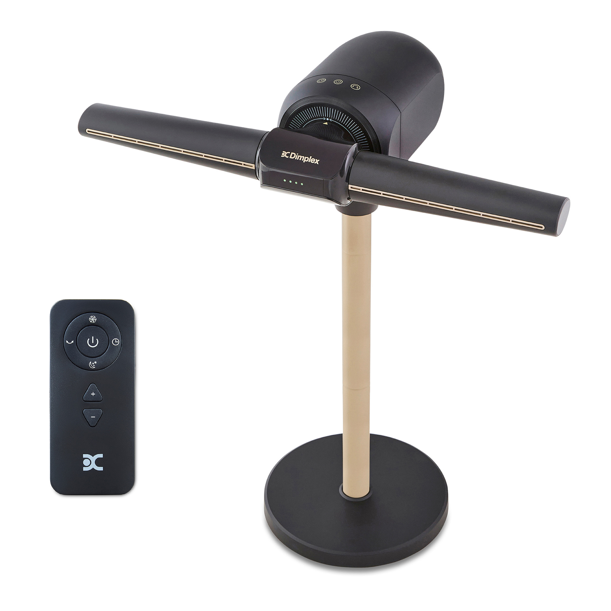Een zwarte Dimplex torenventilator met afstandsbediening op witte achtergrond.