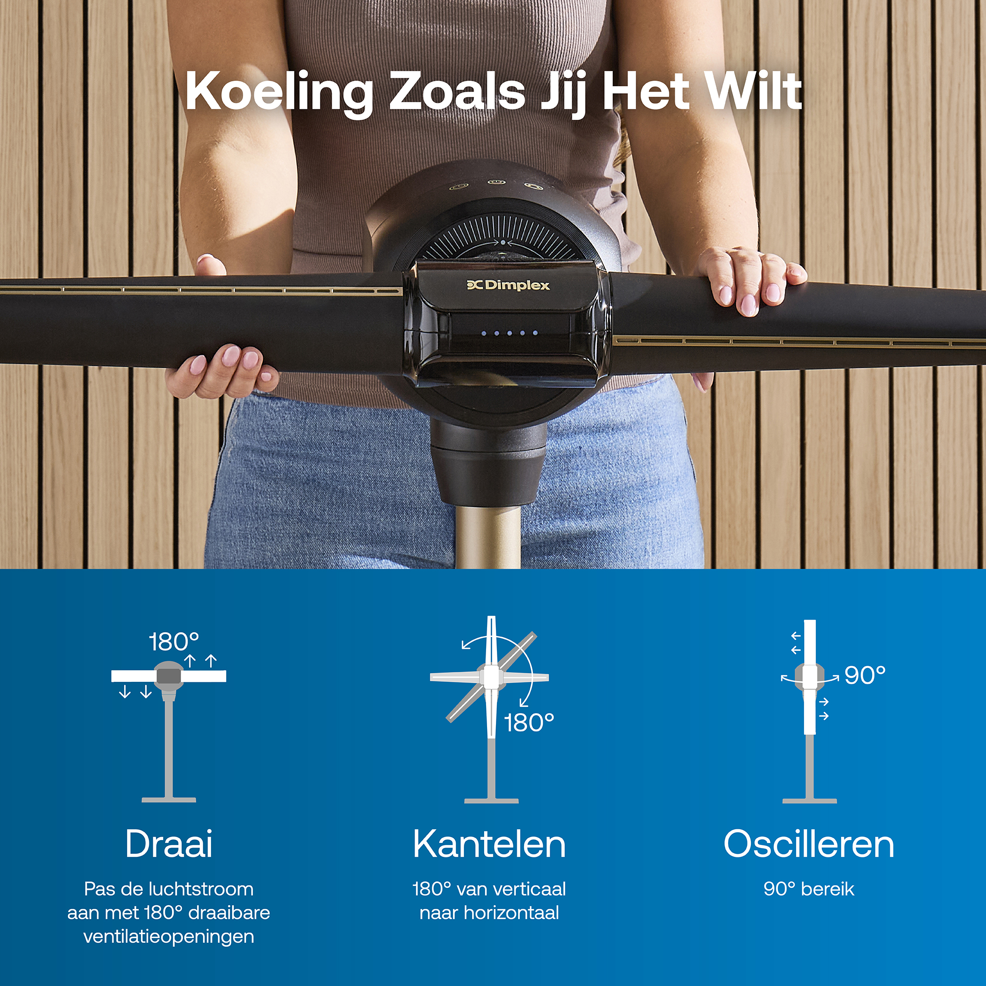 Een persoon houdt een zwarte Dimplex ventilator met gouden accenten vast, die 180° zwenkt, kantelt en oscilleert.