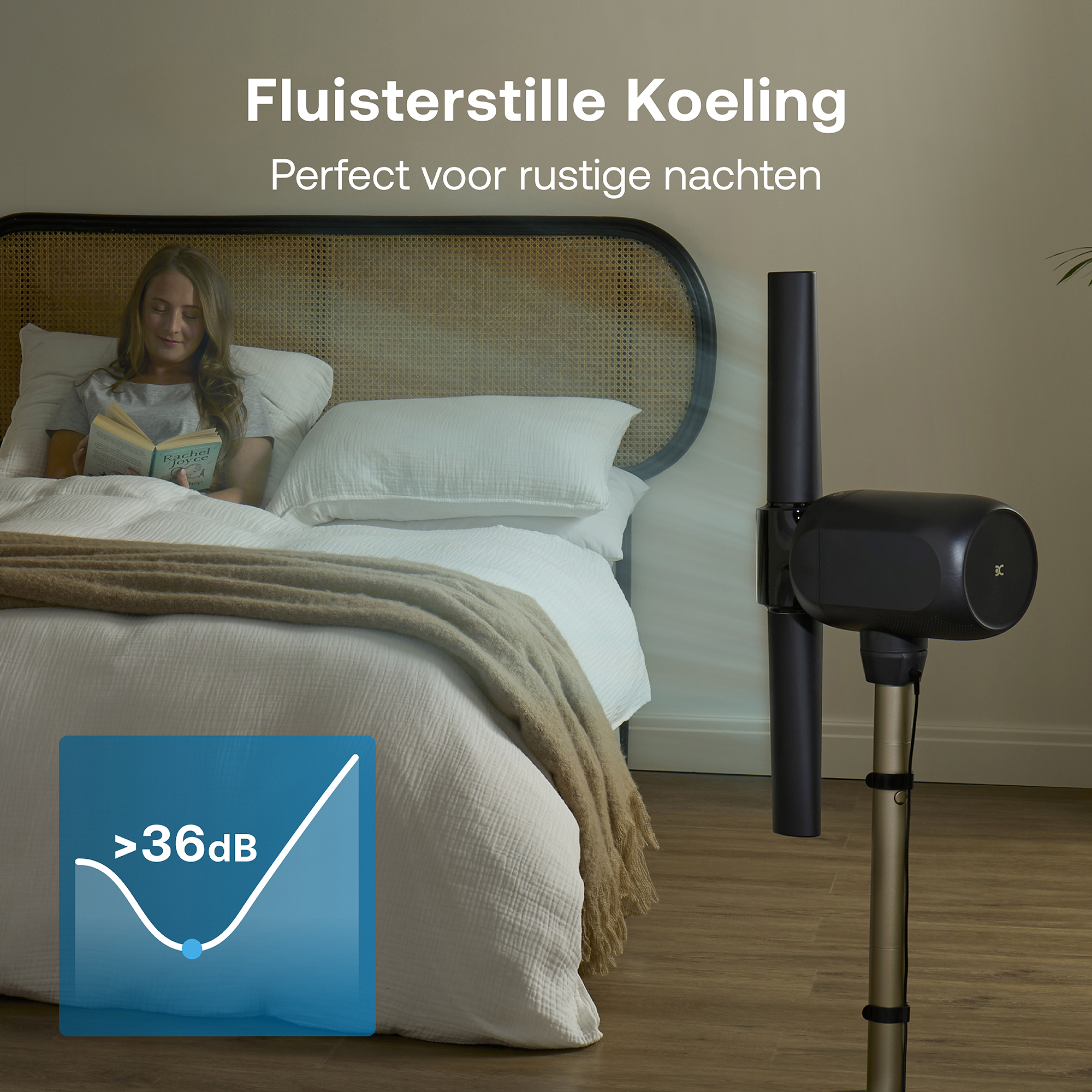 Een vrouw leest in bed, een ventilator ernaast. Een grafiek toont <gt/>36dB.