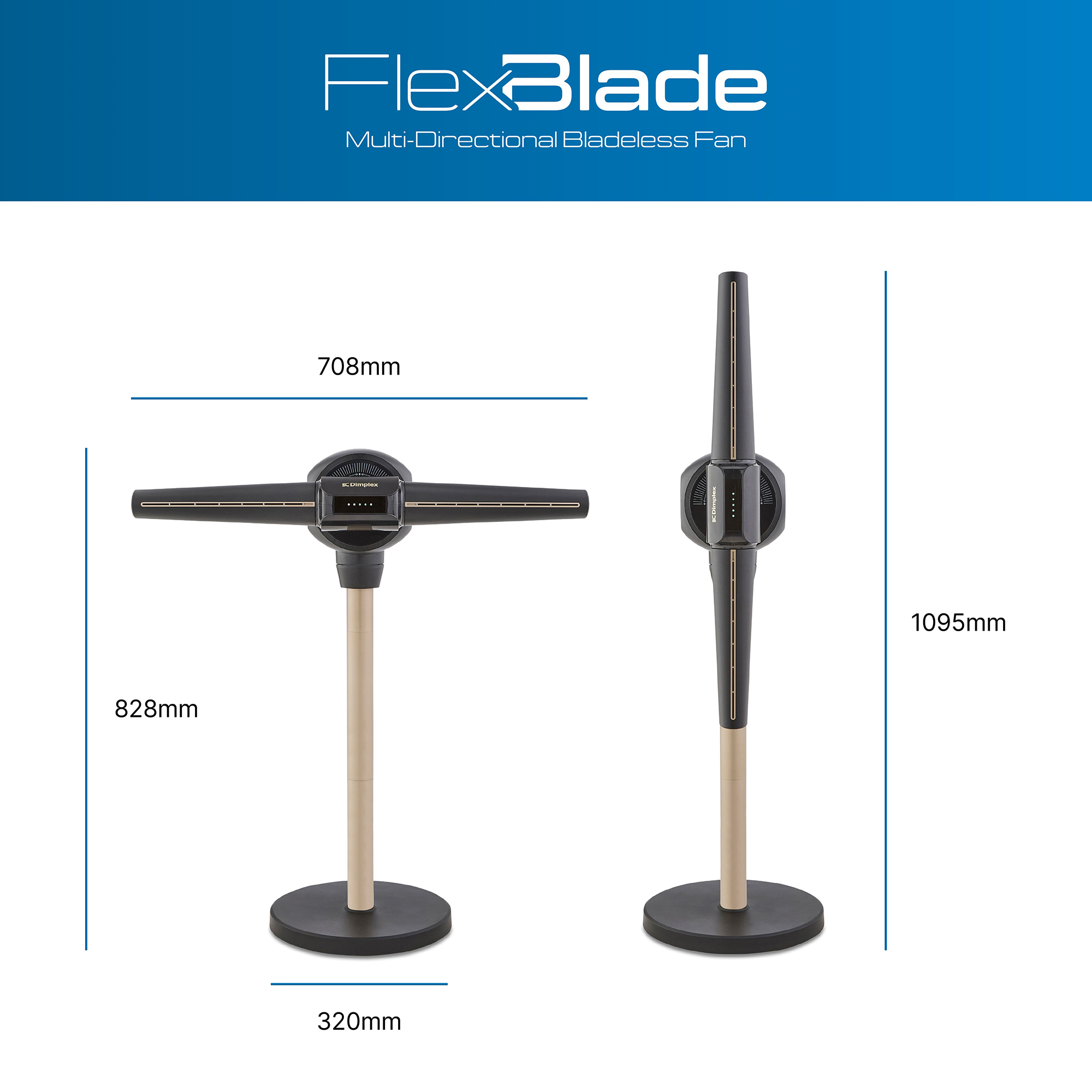 Een FlexBlade bladeloze ventilator van voren en zijkant getoond, met afmetingen.
