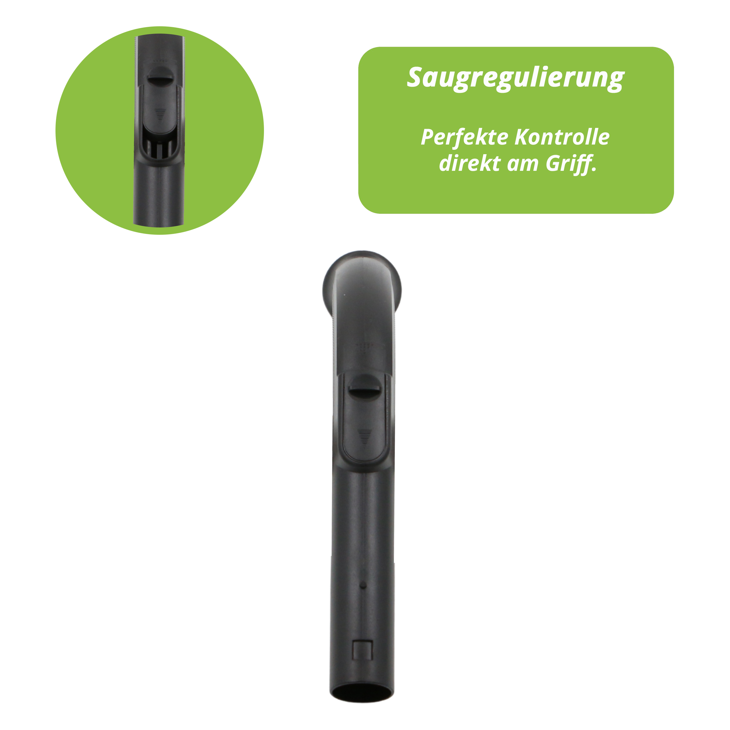 Schwarzer Vakuumgriff mit Regler und Pfeilmarkierung auf grünem Kreis.