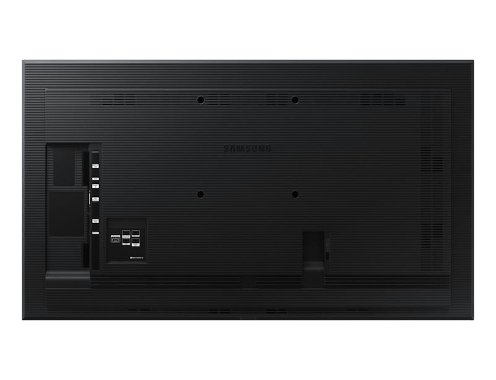 Rückseite eines schwarzen Samsung Monitors mit Anschlüssen und Lüftungsschlitzen.