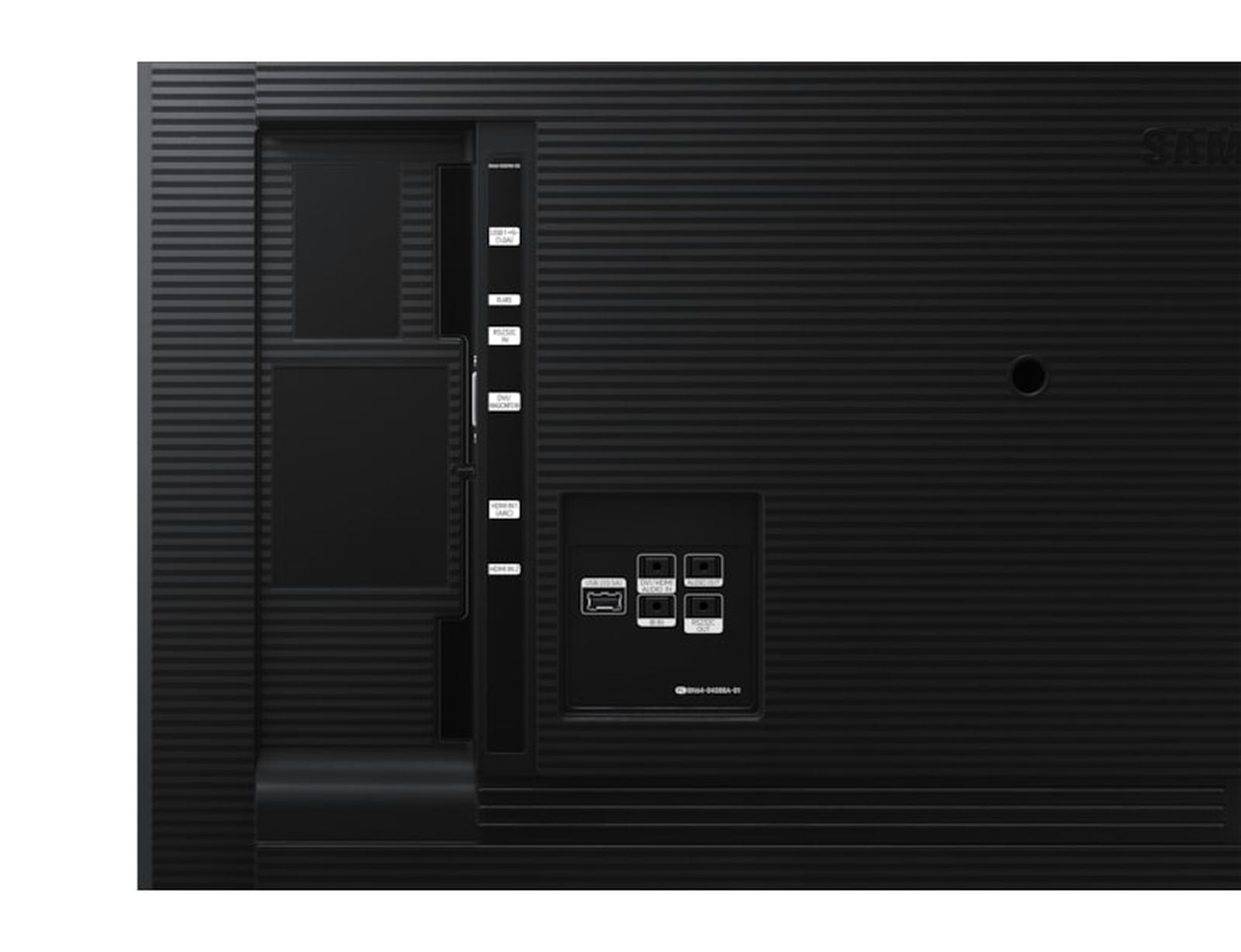 Rückseite eines schwarzen Fernsehers mit Anschlüssen wie USB, HDMI und DVI.
